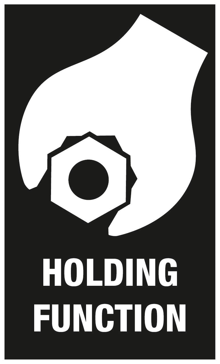 En svart skylt visar en vit hand som håller en sexkantskruv. Under den står texten 'HOLDING FUNCTION'.