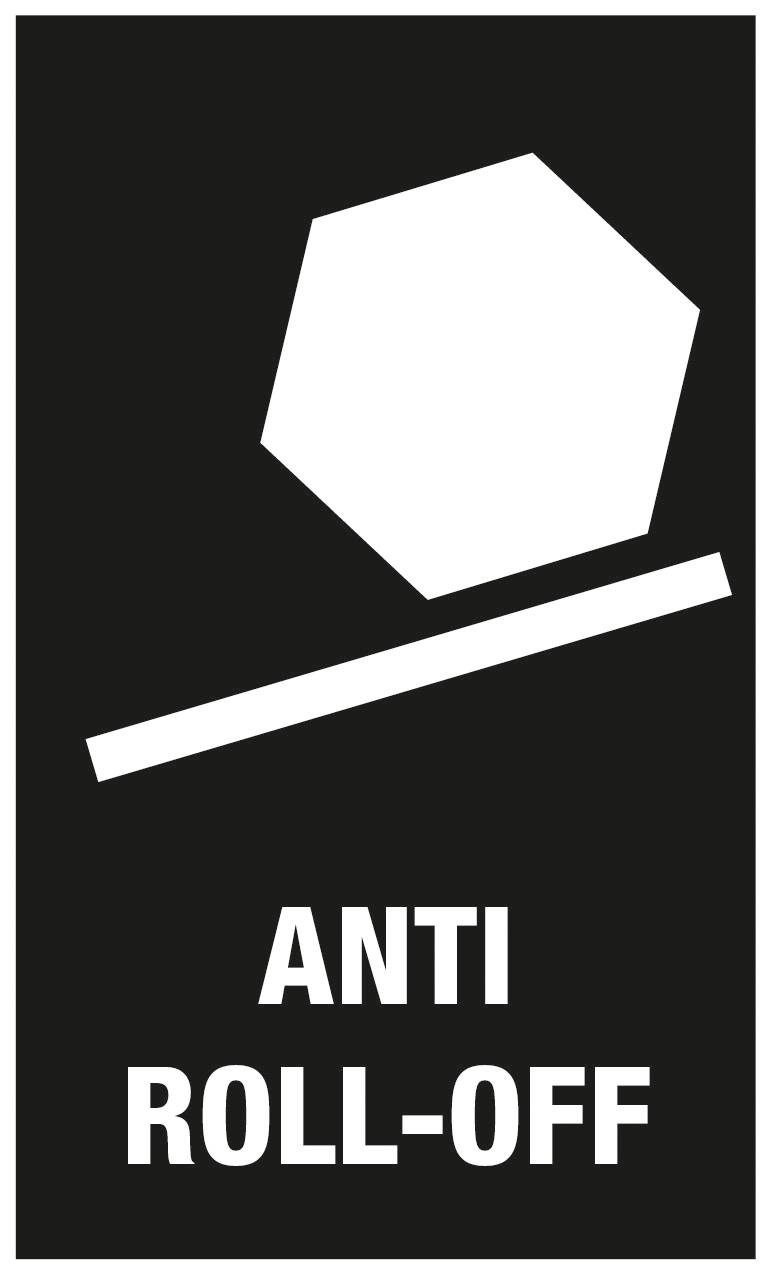 Symbol på svart bakgrund visar ett mångkantigt objekt på en lutande linje. Text nedanför: 'Anti Roll-Off'.