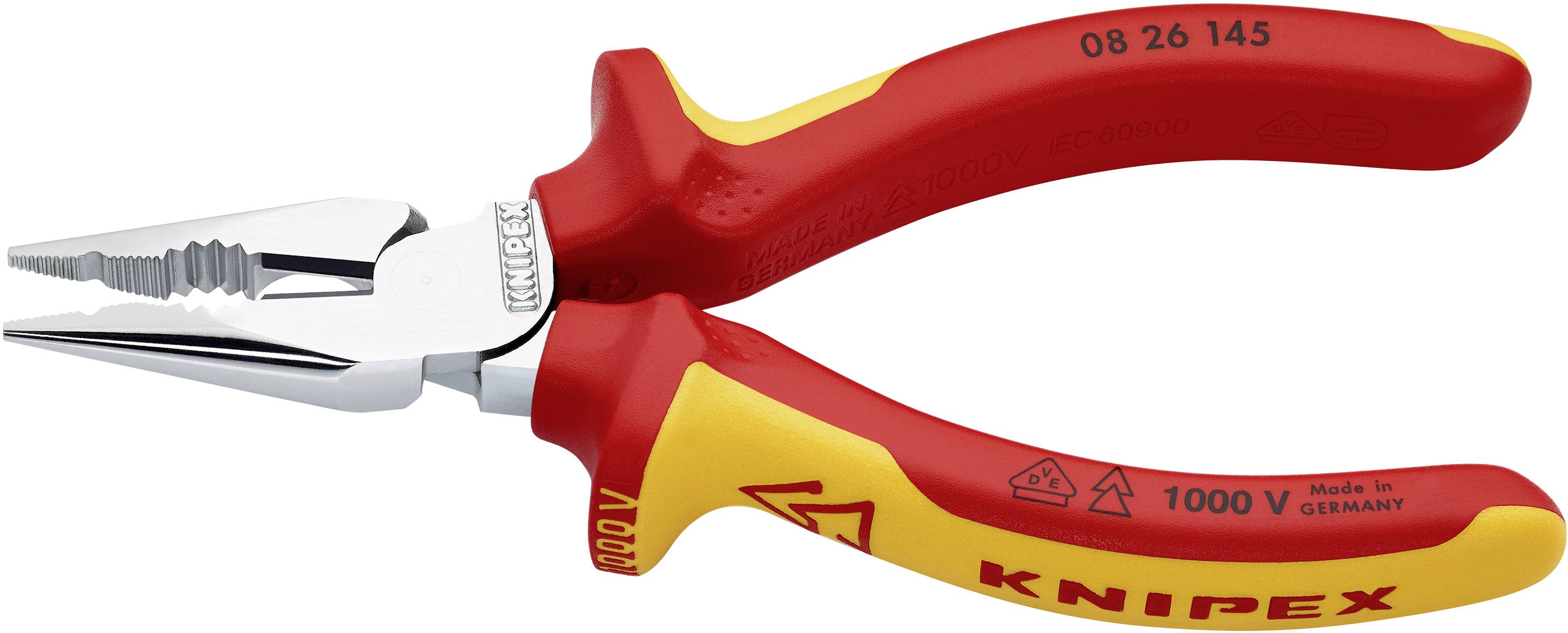 Röd och gul kombinationstång från märket Knipex, lämplig för arbeten på elektriska anläggningar upp till 1000 volt.