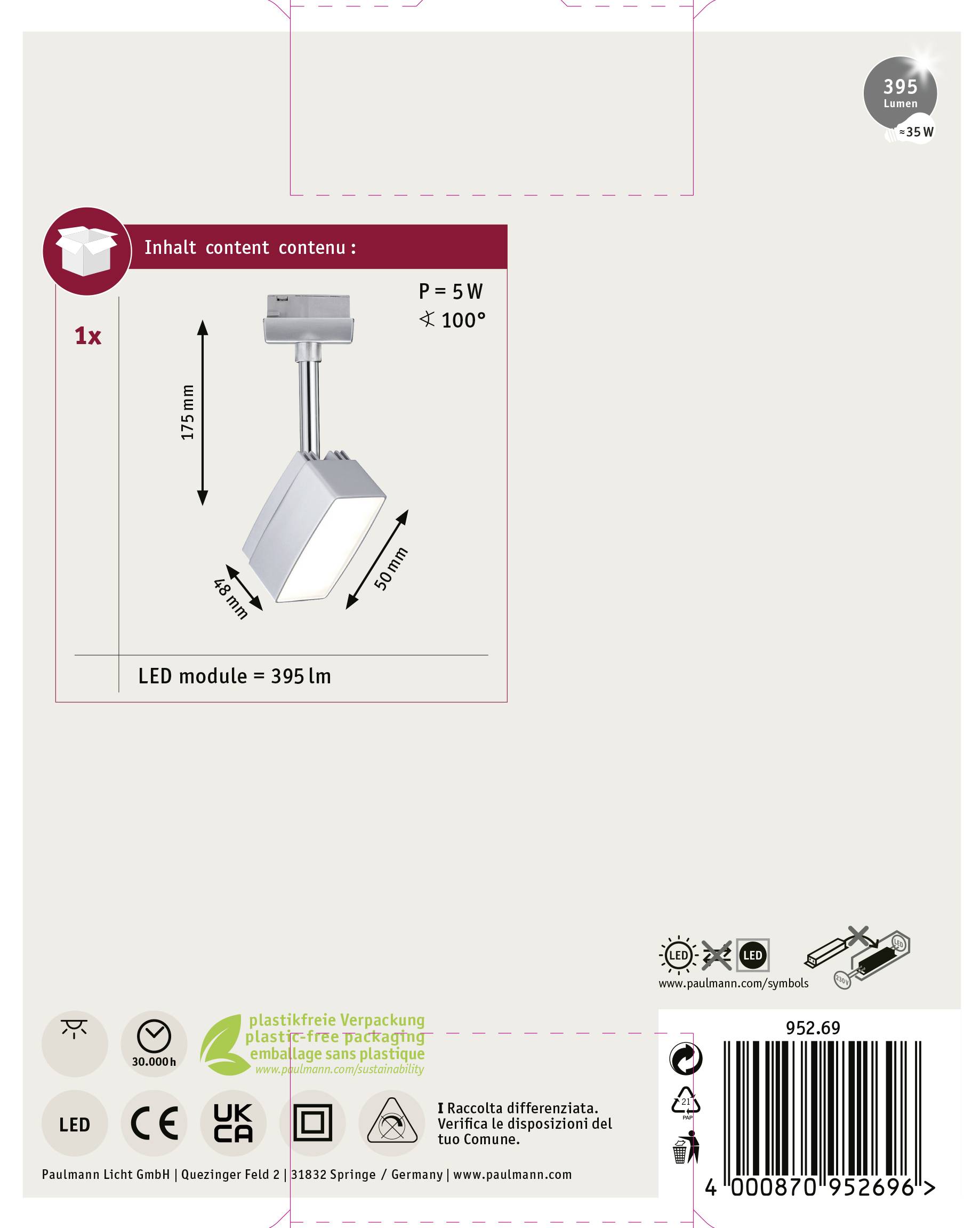 1x LED-modul, P=5W, 395 lm, avbildad på förpackningen. Innehåller måttangivelser och symboler för återvinning samt tillverkarinformation.