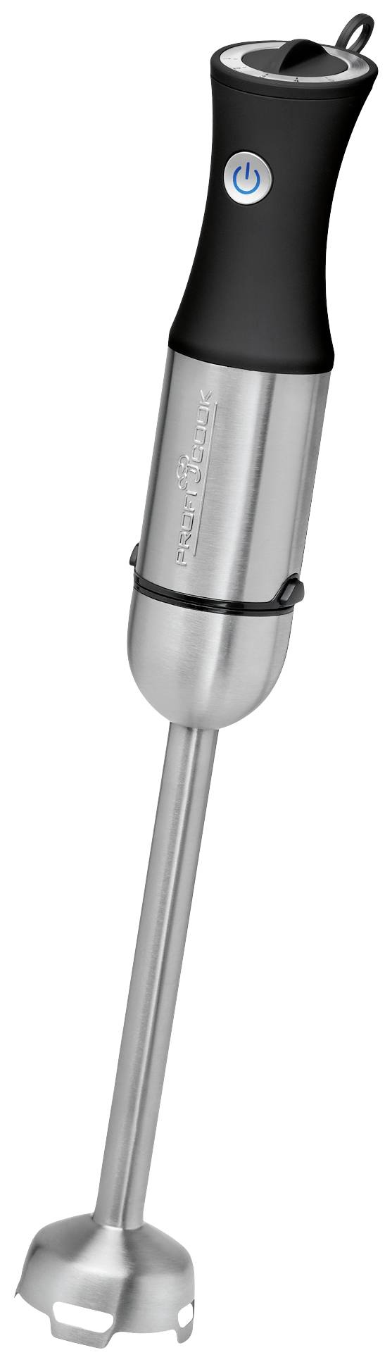 En silver stavmixer med svart handtag och blå på/av-knapp, lämplig för att mixa livsmedel.