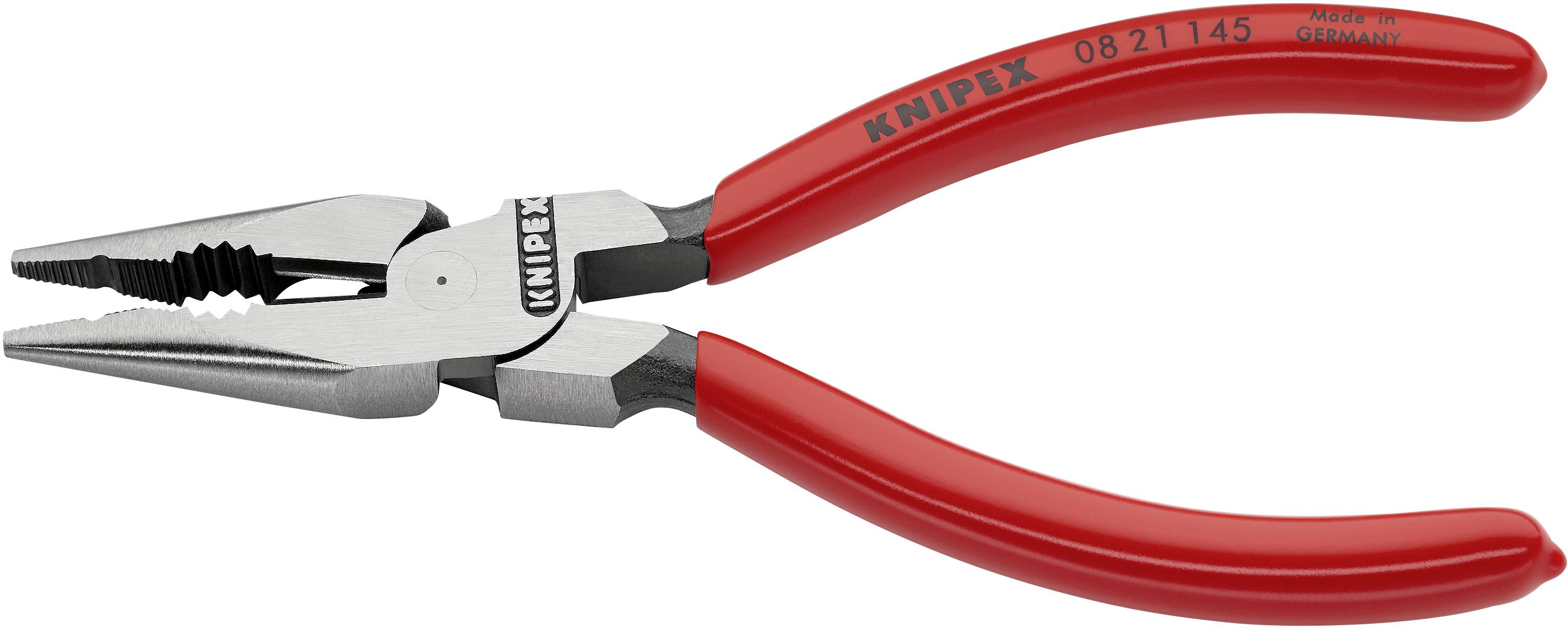 En röd plattång från märket Knipex, modellnummer '08 21 145', från Tyskland. Lämplig för att greppa och klippa trådar.