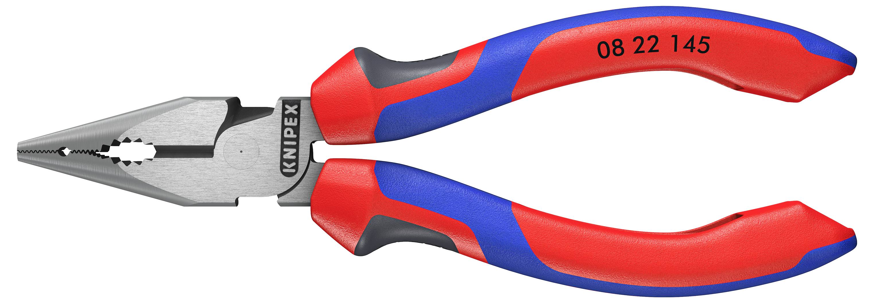 En röd och blå kombinationstång från märket Knipex med metallspetsar och texten '08 22 145'.