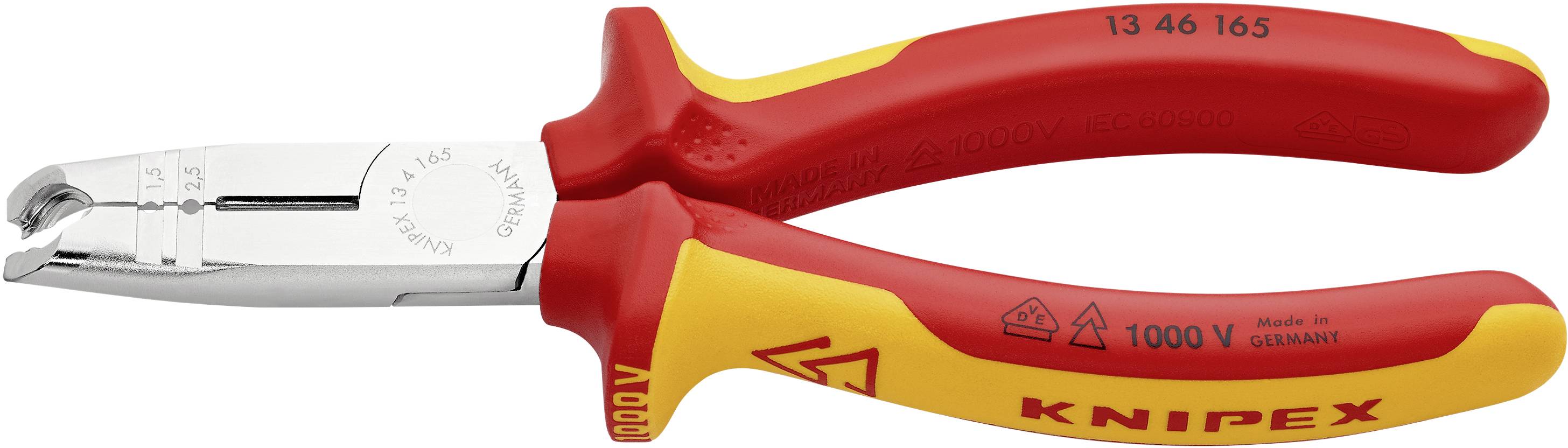 Röd och gul isolerad tång från Knipex, lämplig för arbeten upp till 1000 volt, med ergonomiskt grepp och precisionsskär.