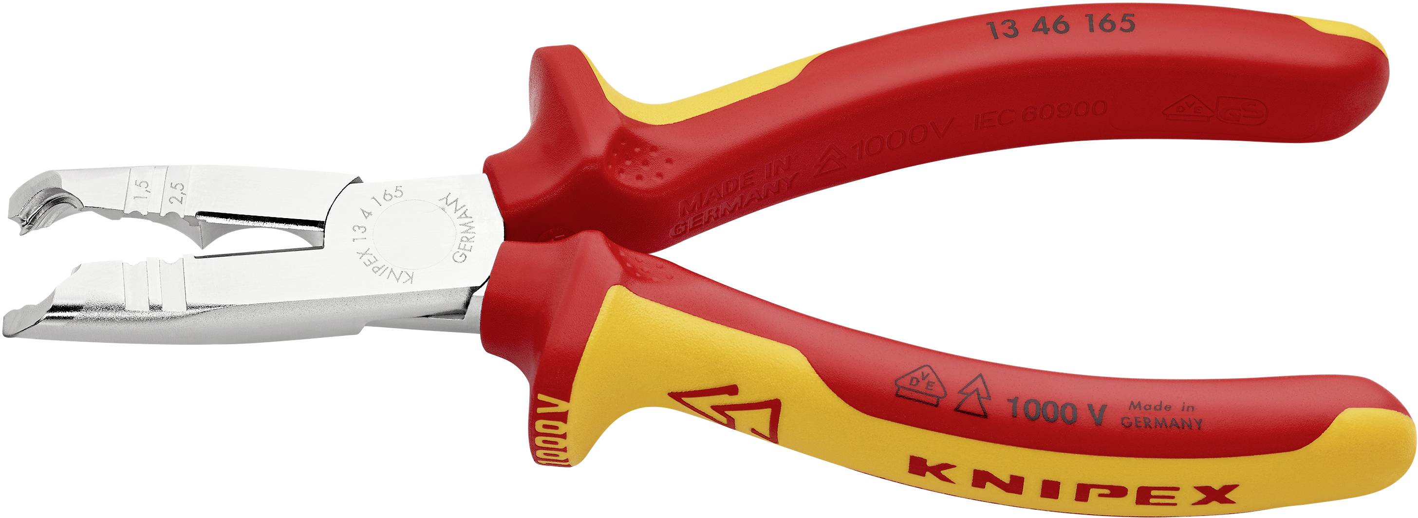 Tänger med röda och gula handtag, varumärke 'Knipex', lämpliga för arbeten upp till 1000 V.