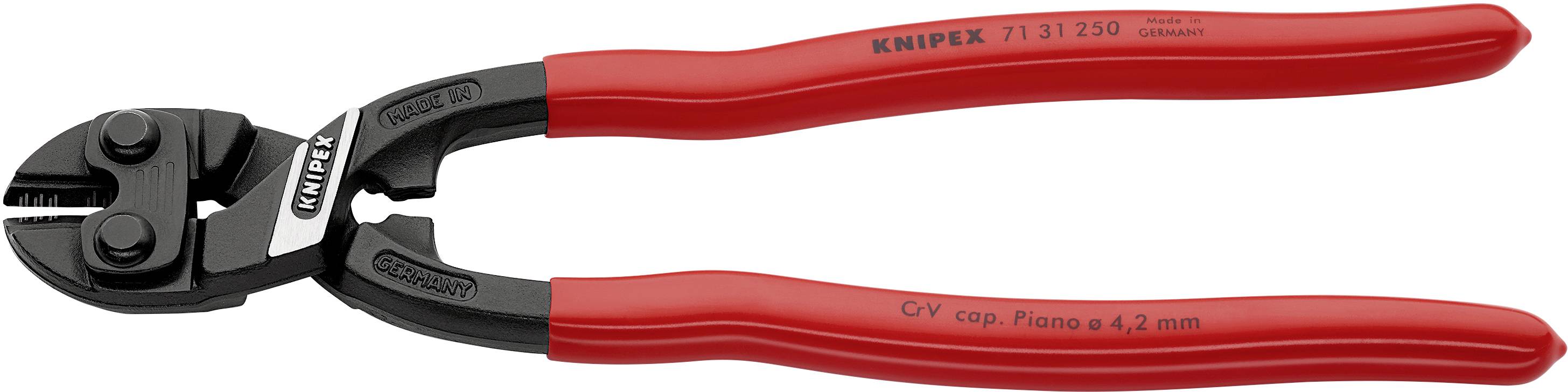 Bultavbitare med röda handtag, effektiv avbitare för härdade material, märke 'KNIPEX', robust design.