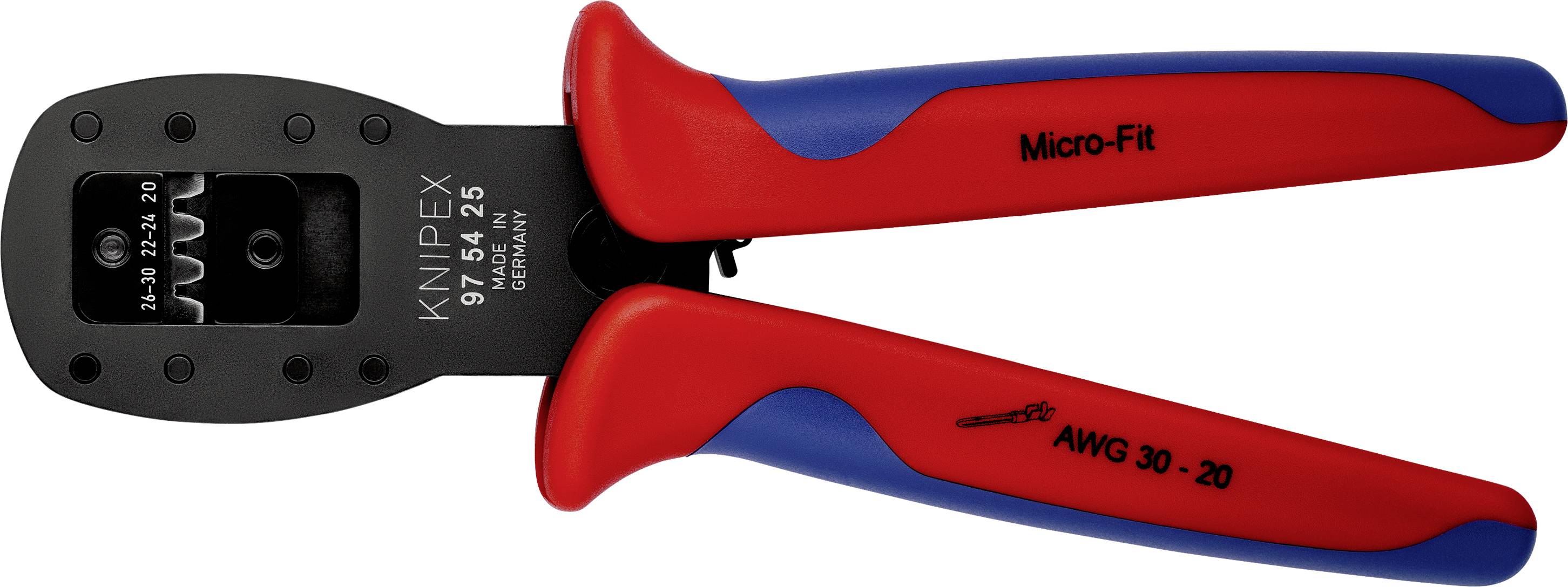 En krympverktyg från Knipex, modell 97 54 25, med röd-blå handtag, lämplig för AWG 30-20 och 'Micro-Fit'-tillämpningar.