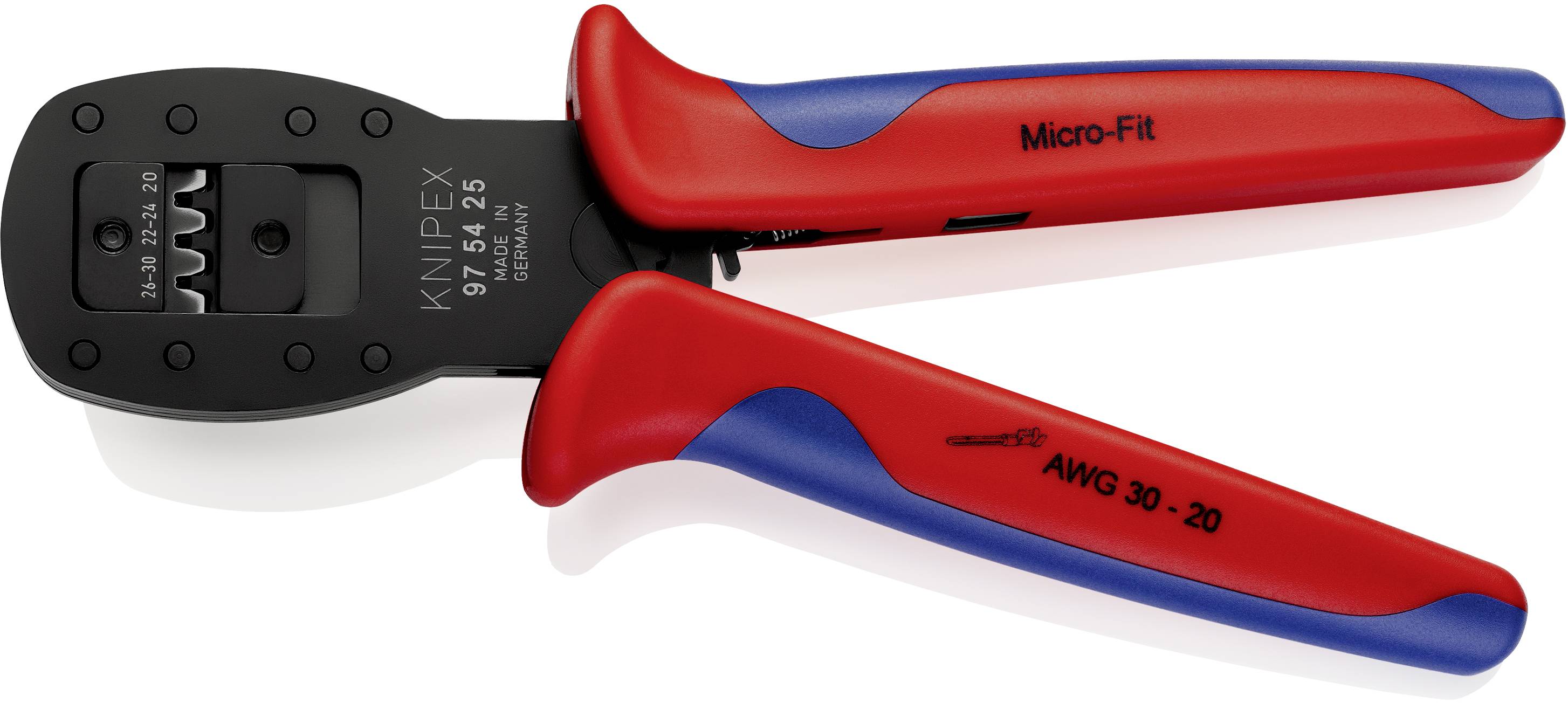 Tång med röd och blå handtag, för crimpning av kontaktdon. Märkt med 'Knipex', 'Micro-Fit', lämplig för AWG 30-20.