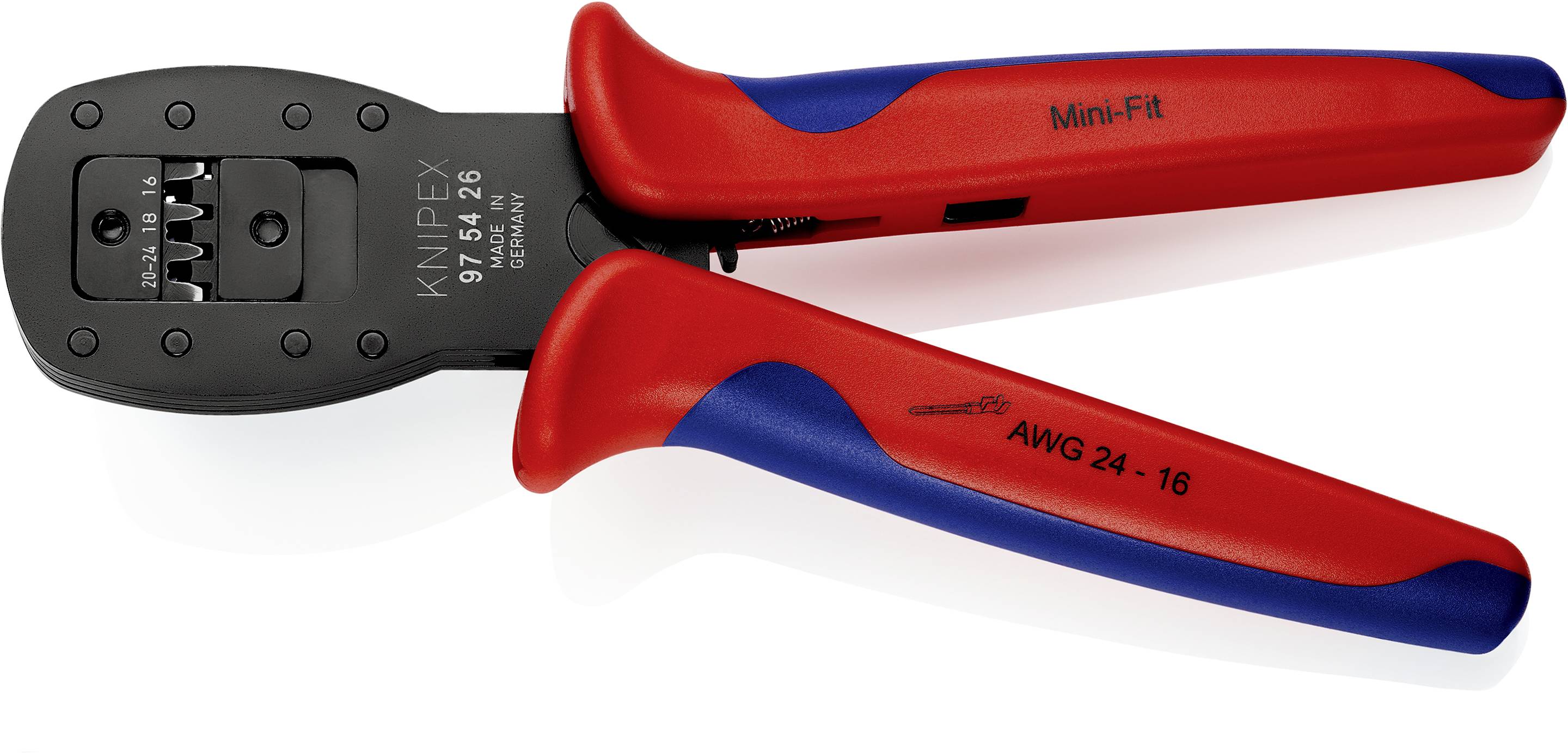 Kabelklämma för crimpning av trådanslutningar, röd-blå, modellnummer 'Knipex 97 52 36', lämplig för AWG 24-16.