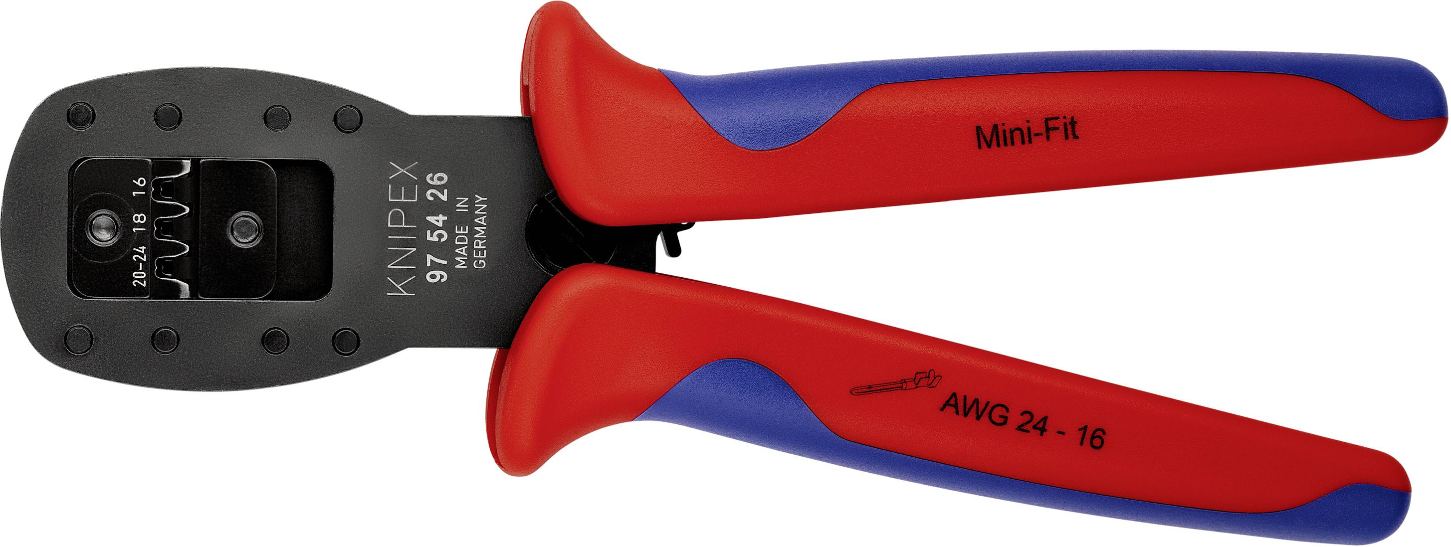 En röd och blå crimptång från märket Knipex, modell Mini-Fit, märkt med 'AWG 24-16'.