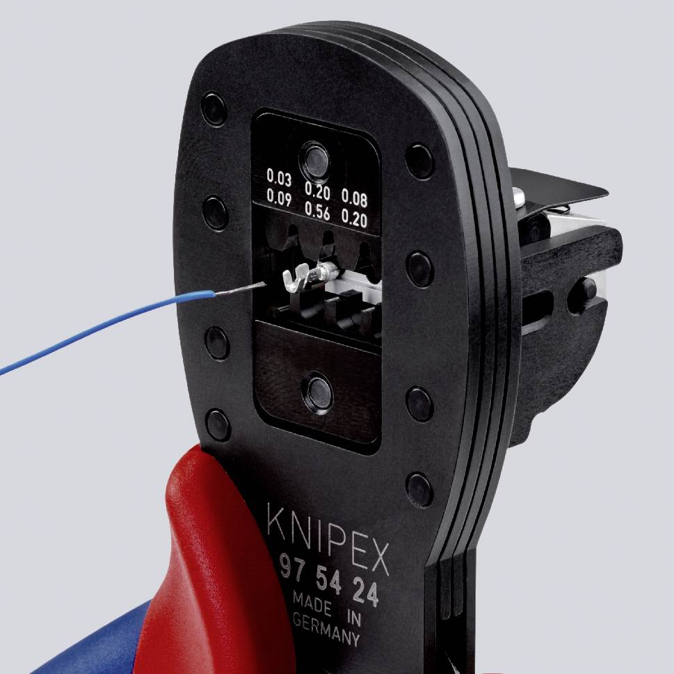 Knipex crimping tool in use, clamping a blue cable. Labeled 'KNIPEX 97 54 24' and 'MADE IN GERMANY'.
