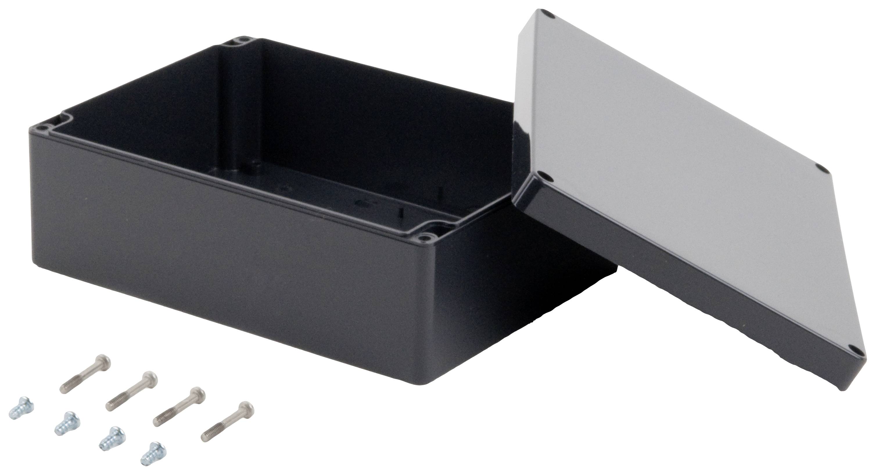 Svart rektangulärt plastfodral med avtagbart lock och fyra skruvar, lämpligt för elektroniska projekt.