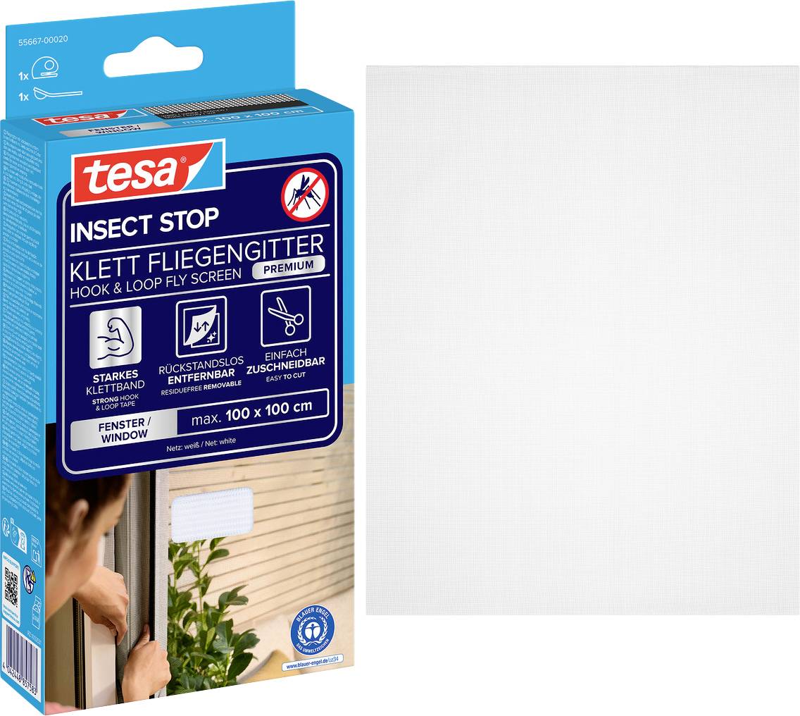 Förpackning för tesa Insect Stop kardborrband-flugskärm, visad med en vit rektangulär skärmpanel bredvid lådan.