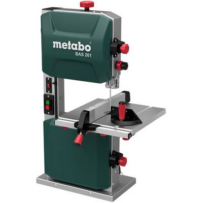 Metabo BAS 261 bandsåg på en metallbas, med röda justeningsknoppar och ett grått arbetsbord för skärning av trä eller metall.