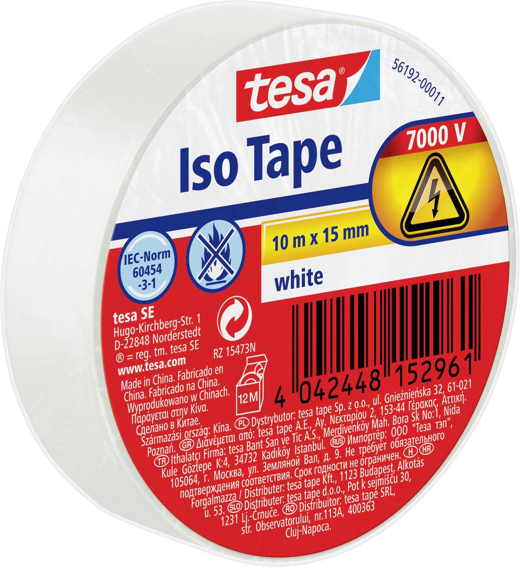 Tejp för elektrisk isolering 'Tesa Iso Tape'. Specifikationer: 10m x 15mm, 7000V, vit. Uppfyller IEC-Norm 60454-3-1.