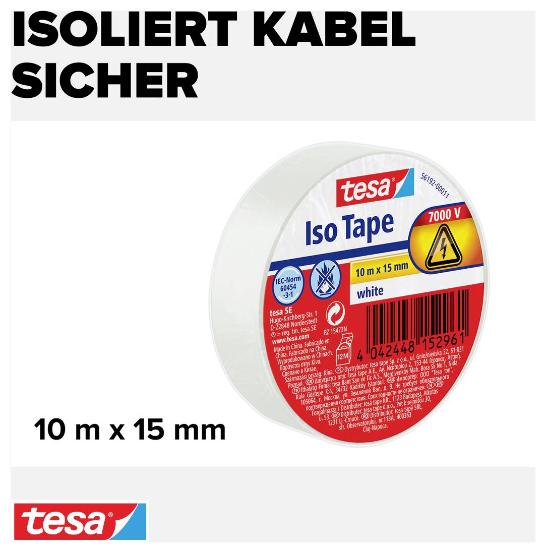 'Iso Tape' vit tejprulle, 10 m x 15 mm, lämplig för 7000 V. Förpackning med produktdetaljer och tesa-logotyp.