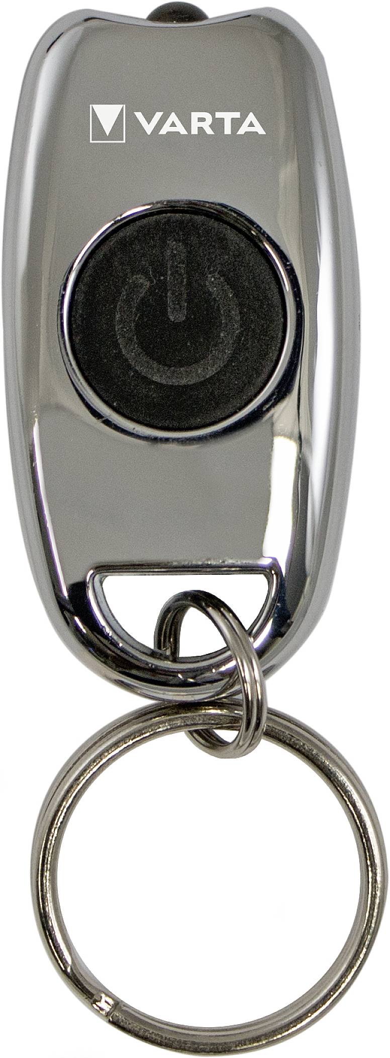 Nyckelringsficklampa i silvrig design med svart tryckknapp och Varta-logotyp ovanpå, perfekt för väskor.