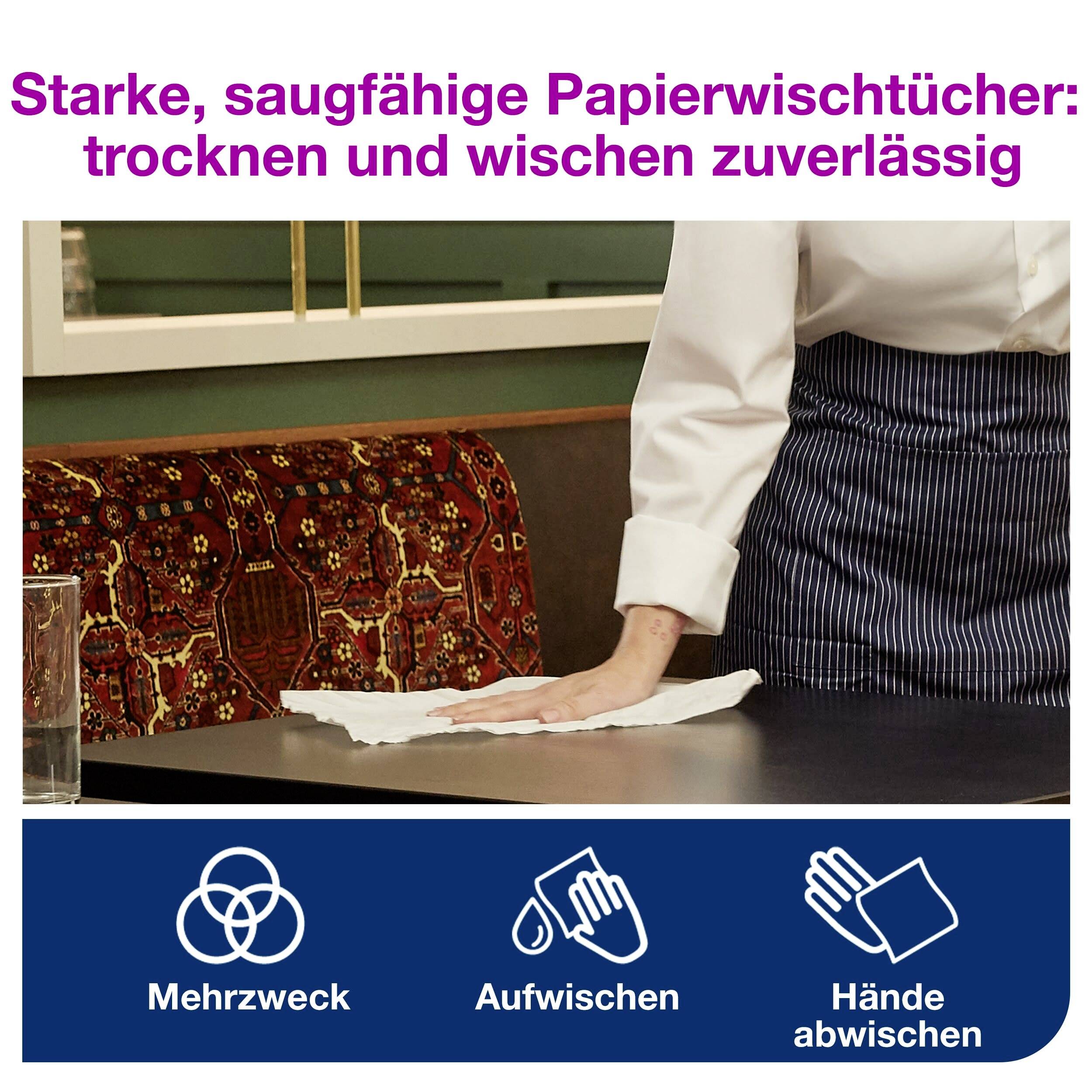 Person torkar ett bord med en pappersduk. Text ovanför: 'Starka, absorberande pappersdukar: torkar och torkar tillförlitligt'. Symboler nedanför för allmän användning, städning och handtorkning.