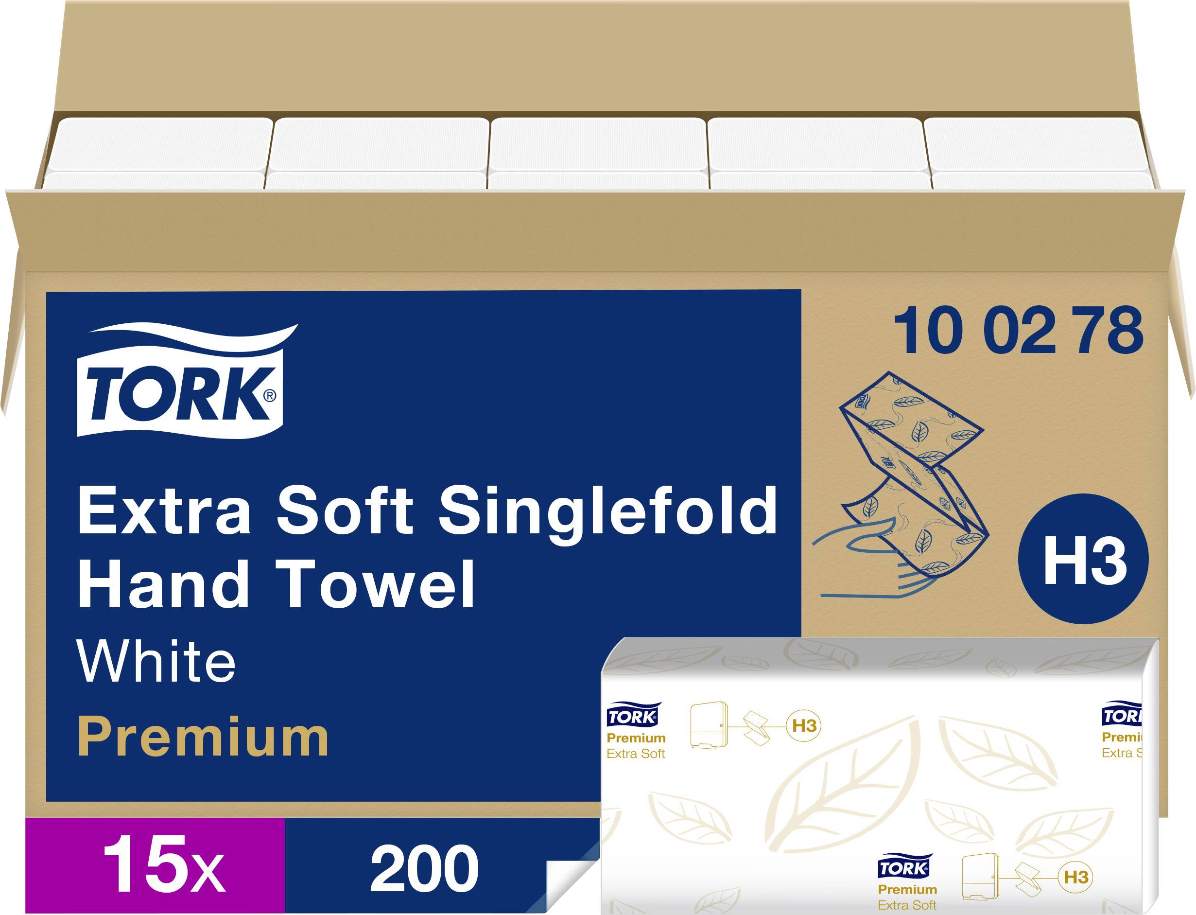 Tork Extra Soft Singlefold Hand Towel paket, Vit Premium, H3, 15 x 200 antal låda visas öppen med produktbild.
