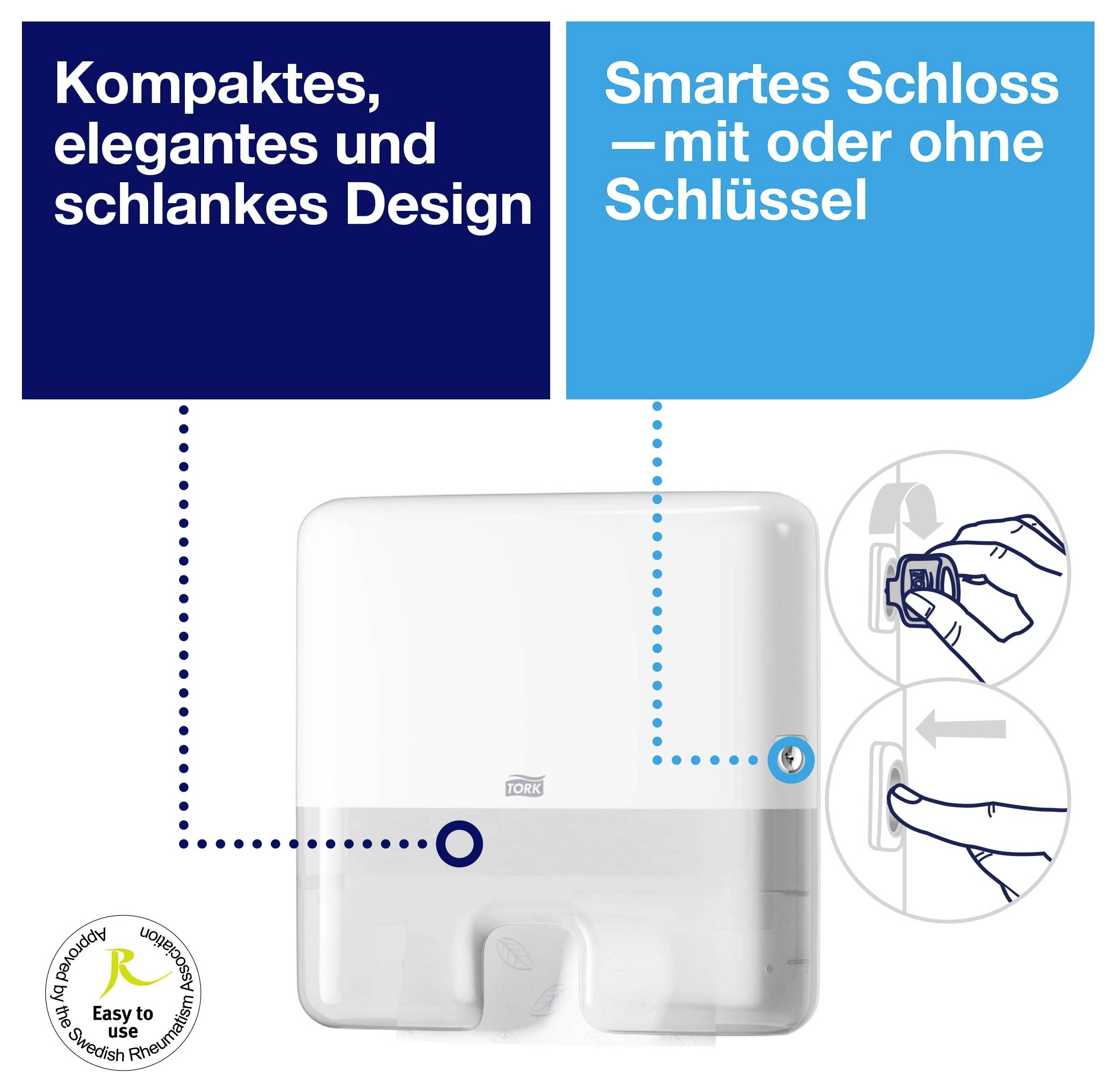 Produktvisning av en kompakt, elegant spender med smartlås som öppnas med eller utan nyckel; plusteckenikon "Lätt att använda".