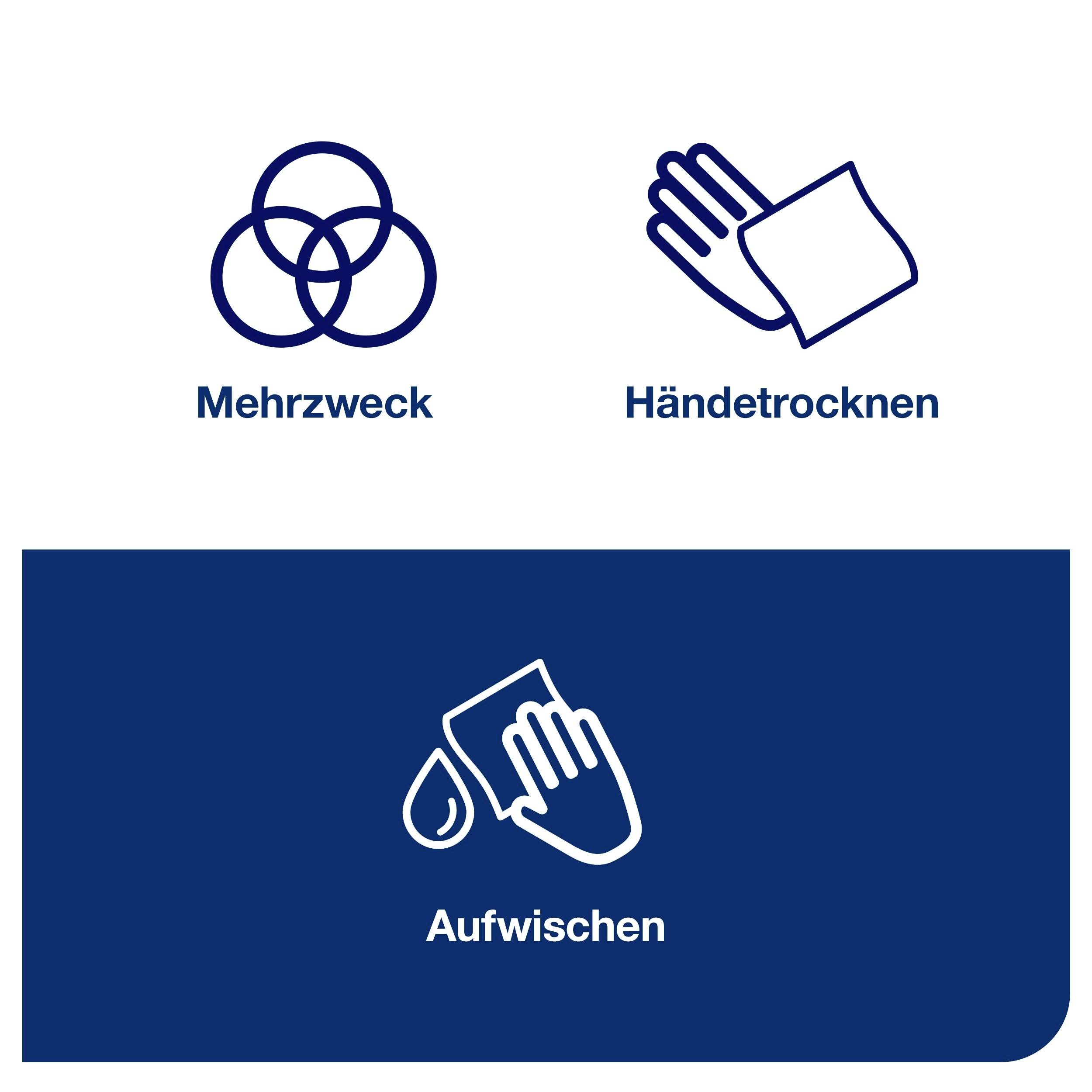 Bilden visar symboler med etiketter för 'Multifunktionell', 'Handtorkning' och 'Torka upp', var och en med matchande blå ikoner.