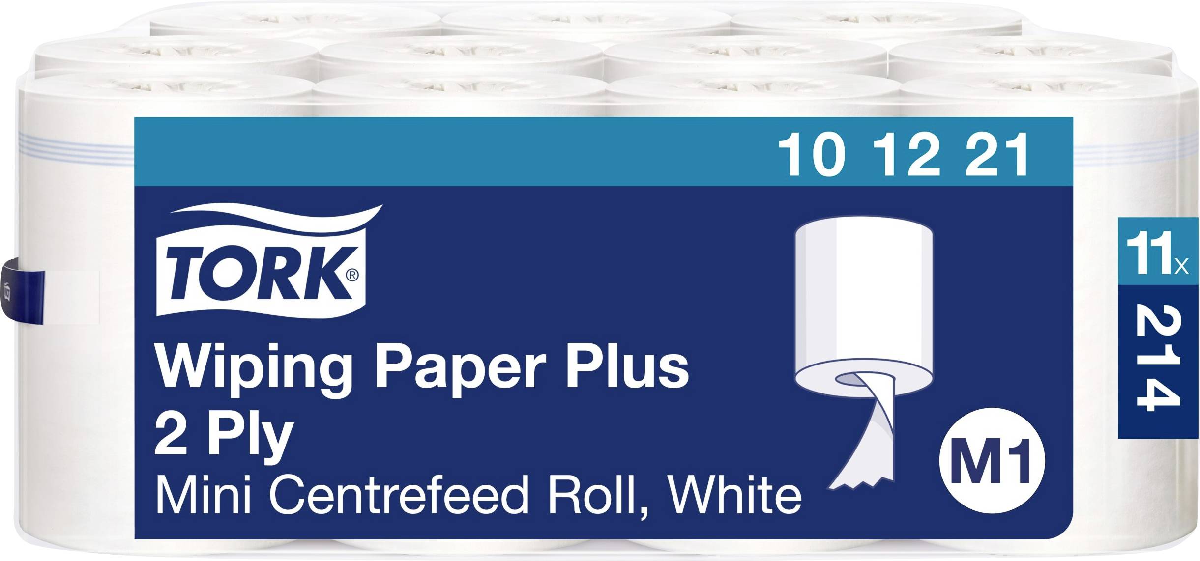 'Förpackning med Tork Wiping Paper Plus, 2-skiktat, Mini Centrefeed rulle i vitt, M1-system.'