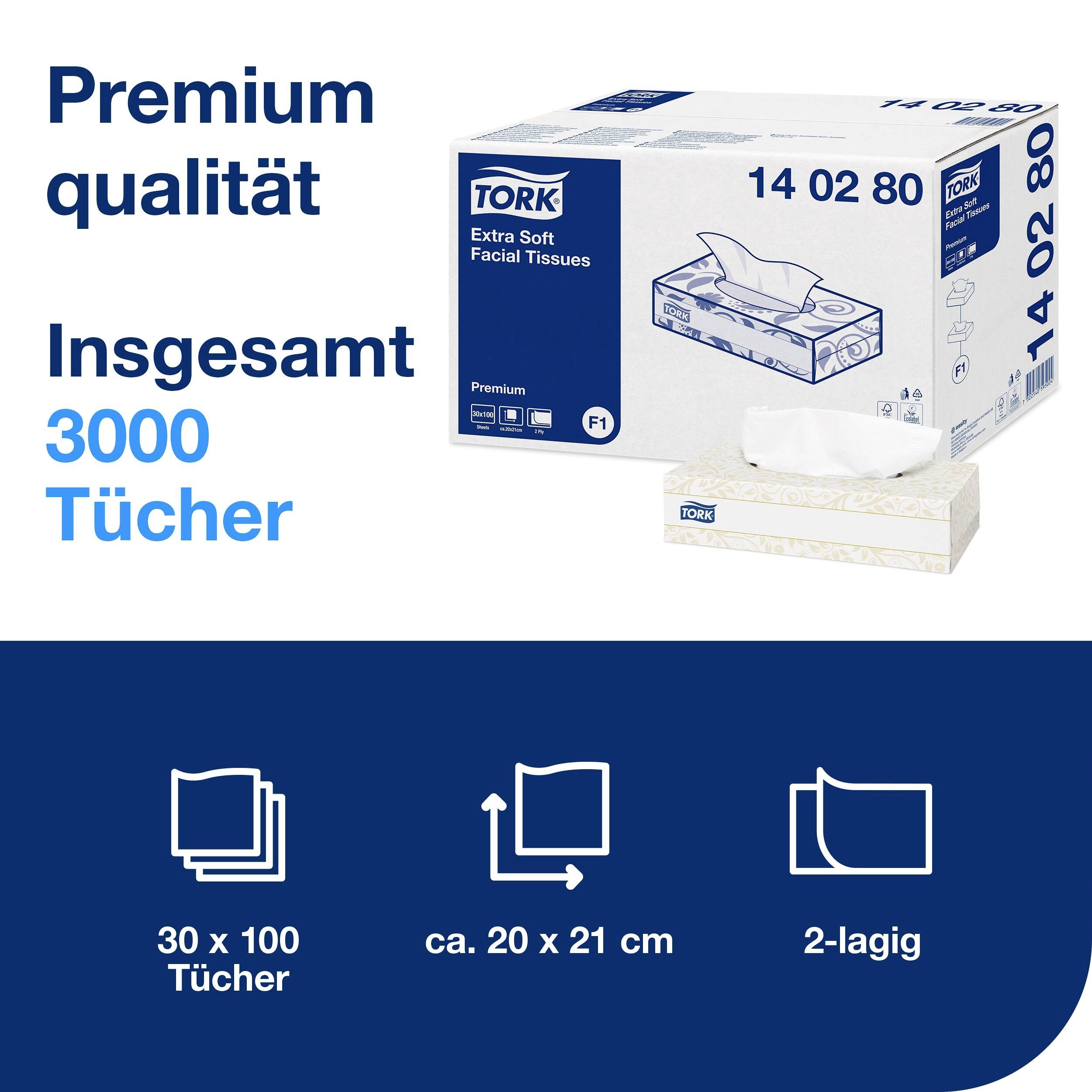 Premiumkvalitet Tork Extra Soft ansiktsservetter. Totalt 3000 servetter, 2-lagiga, storlek 20x21 cm. 30x100 servetter per ask.