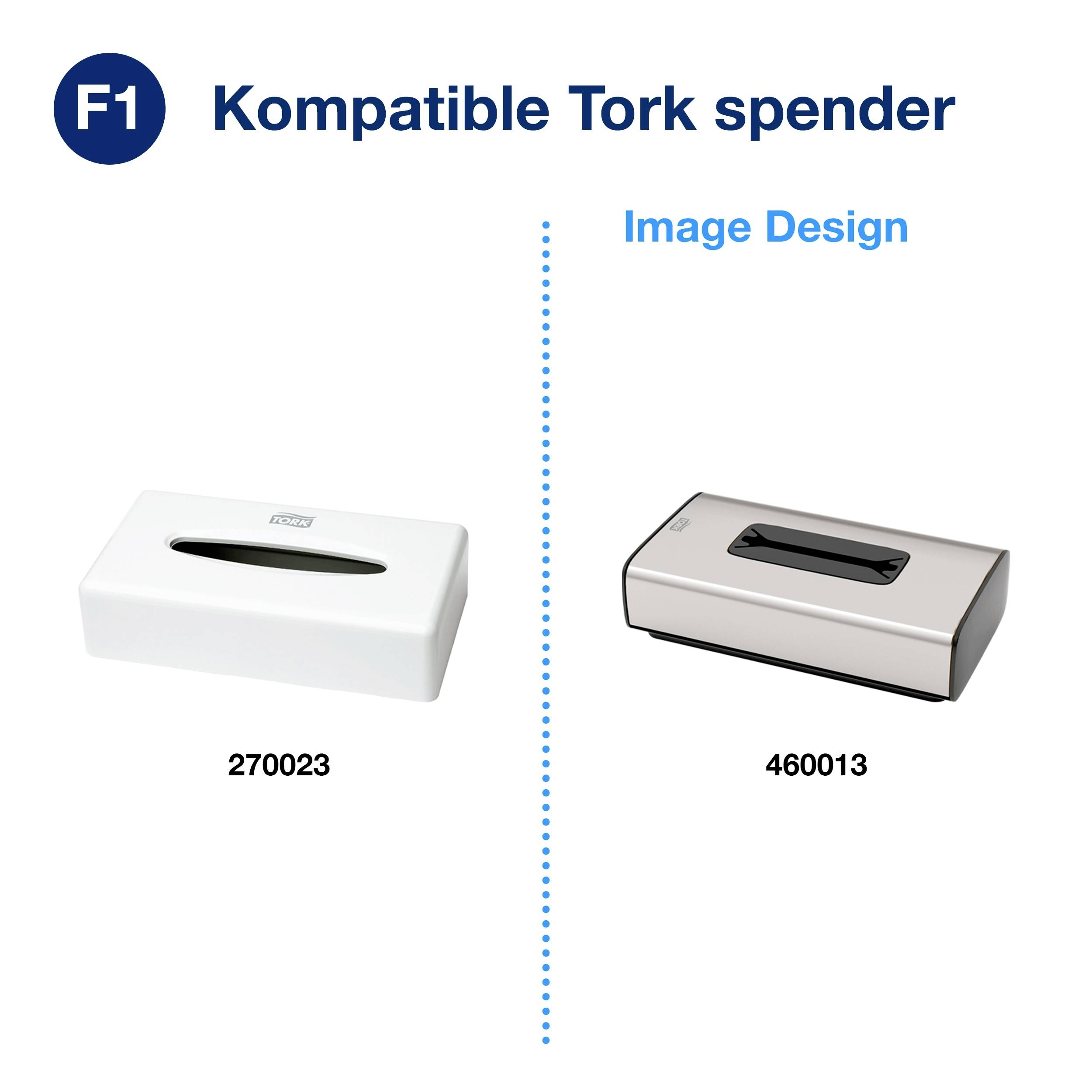 'F1 Kompatibel Tork dispenser' visar två rektangulära lådor, en i vitt (270023) och en i silver (460013), under 'Image Design'.