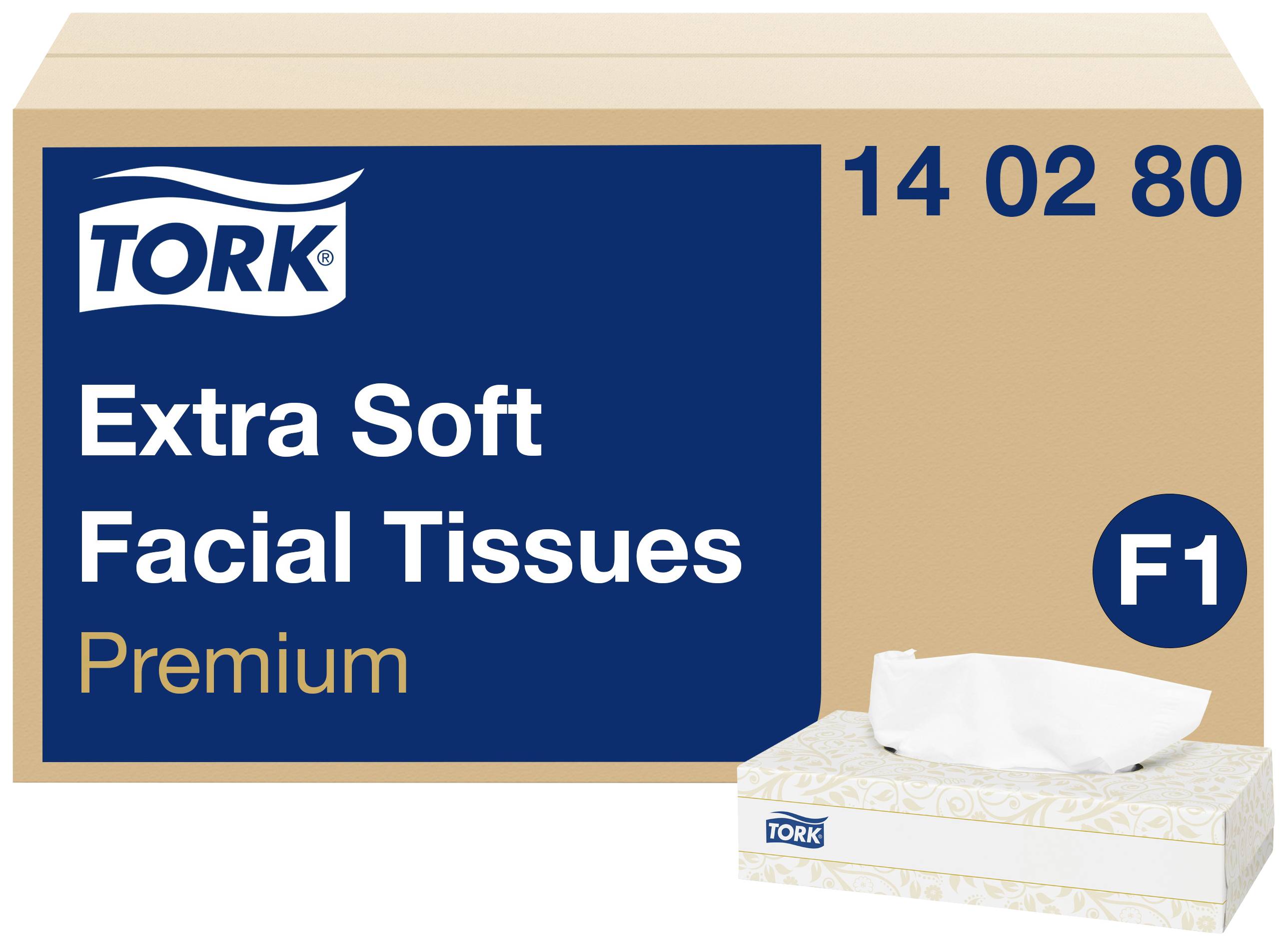 Kartong med texten 'Tork Extra Soft Facial Tissues Premium'. Visar en näsdukarbox nere till höger.