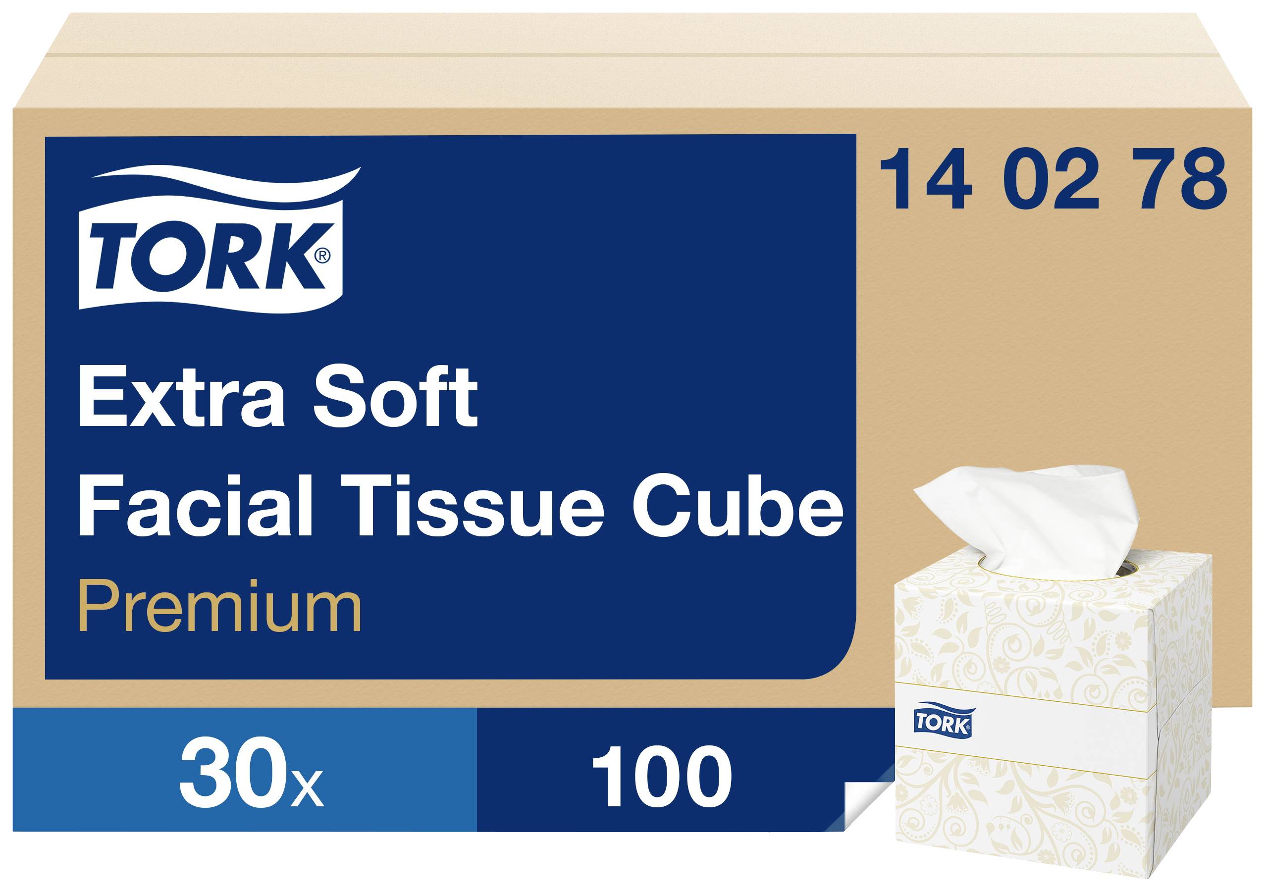 En kartong märkt 'Tork Extra Soft Facial Tissue Cube Premium' innehåller 30 förpackningar med vardera 100 servetter.