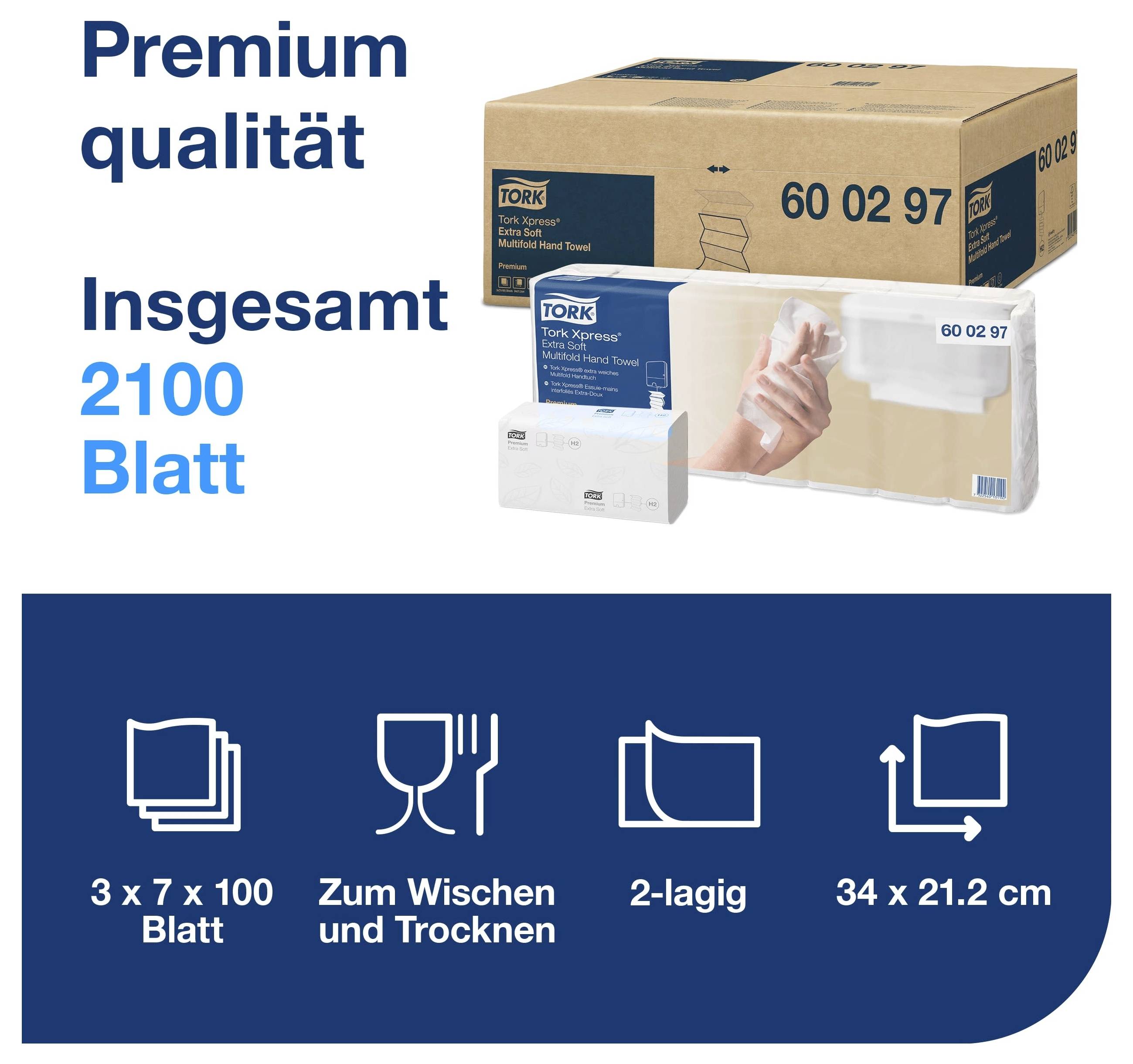 Reklamgrafik för Tork pappershanddukar: Premiumkvalitet, totalt 2100 blad; 3 x 7 x 100 blad, för tork och rengöring, 2-lagers, 34 x 21,2 cm.