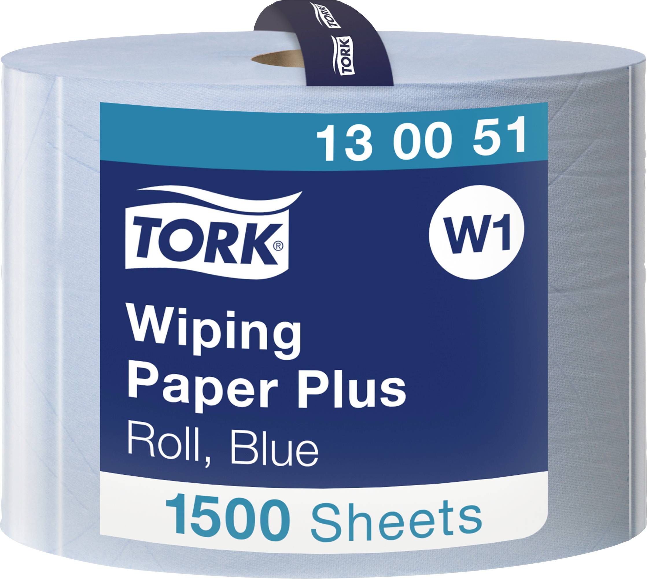 En blå rulle Tork Wiping Paper Plus med påskriften 'W1, 130051, Rulle, Blå, 1500 ark'.