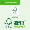 En FSC-logotyp med texten 'Forests For All Forever' och 'fsc.org', symboliserar hållbart skogsbruk med FSC-certifiering.