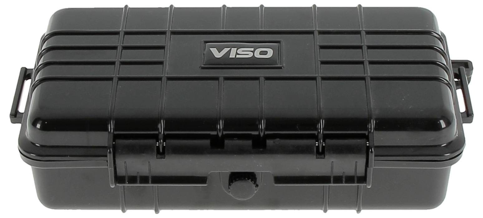 Ett svart rektangulärt hårt fodral med en 'Viso'-logotyp i mitten överst. Fodralet har texturerade linjer och säkra hakar på framsidan.