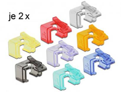 Åtta färgade clips i rött, gult, grått, svart, blått, lila, grönt och orange, varav två av varje färg.