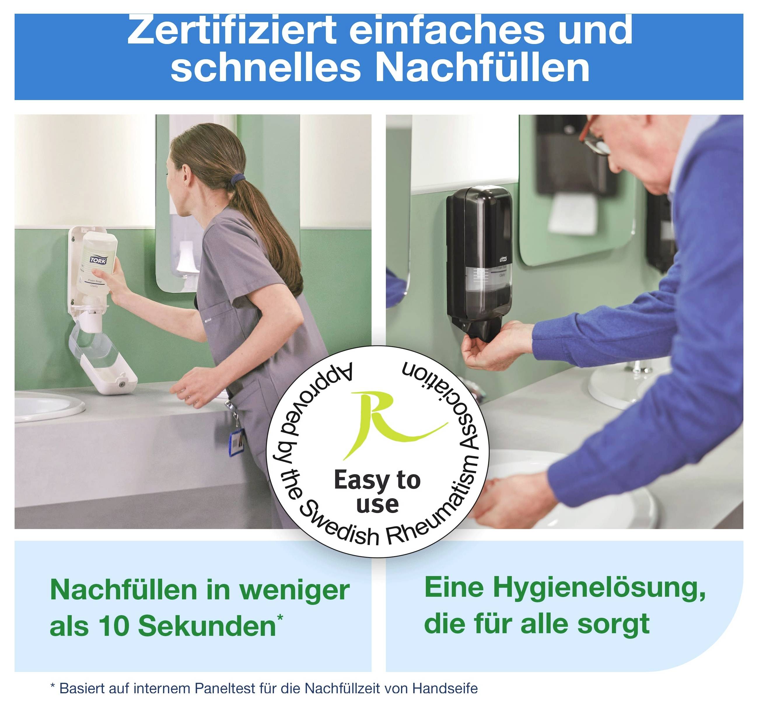 Reklam för enkelt, snabbt påfyllning av tvålpumpar; två personer fyller på dispensers vid tvättställen, med sigill "Easy to use" och anvisningar om hygien och påfyllning på mindre än 10 sekunder.