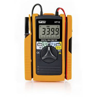 Digital multimeter med orange hölje visar 339,9 på displayen. Kablarna är anslutna upptill. Varumärke 'HT12'.