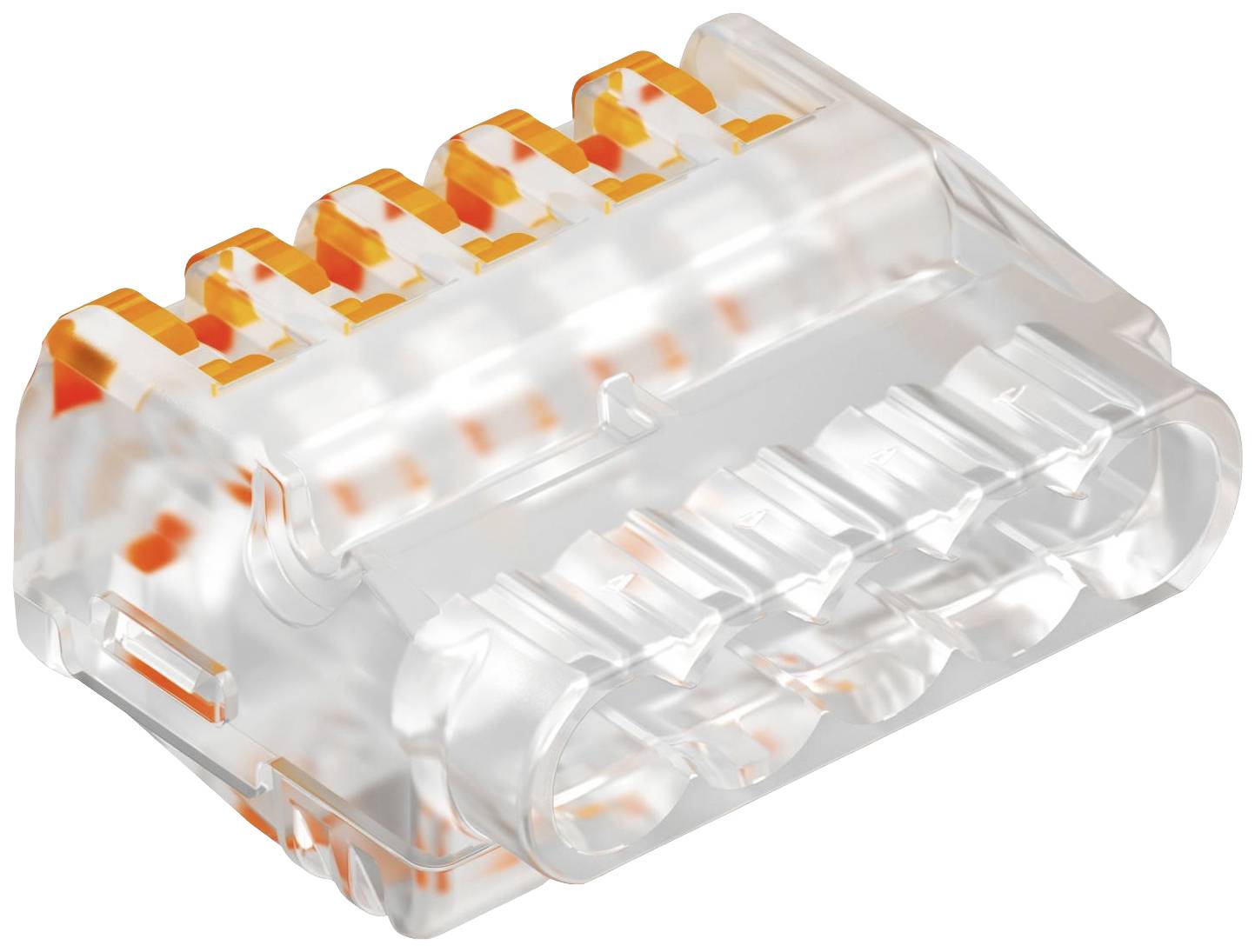 Transparent kopplingskläm med orangea spak för flexibla ledningar och snabb installation i elektriska installationer.