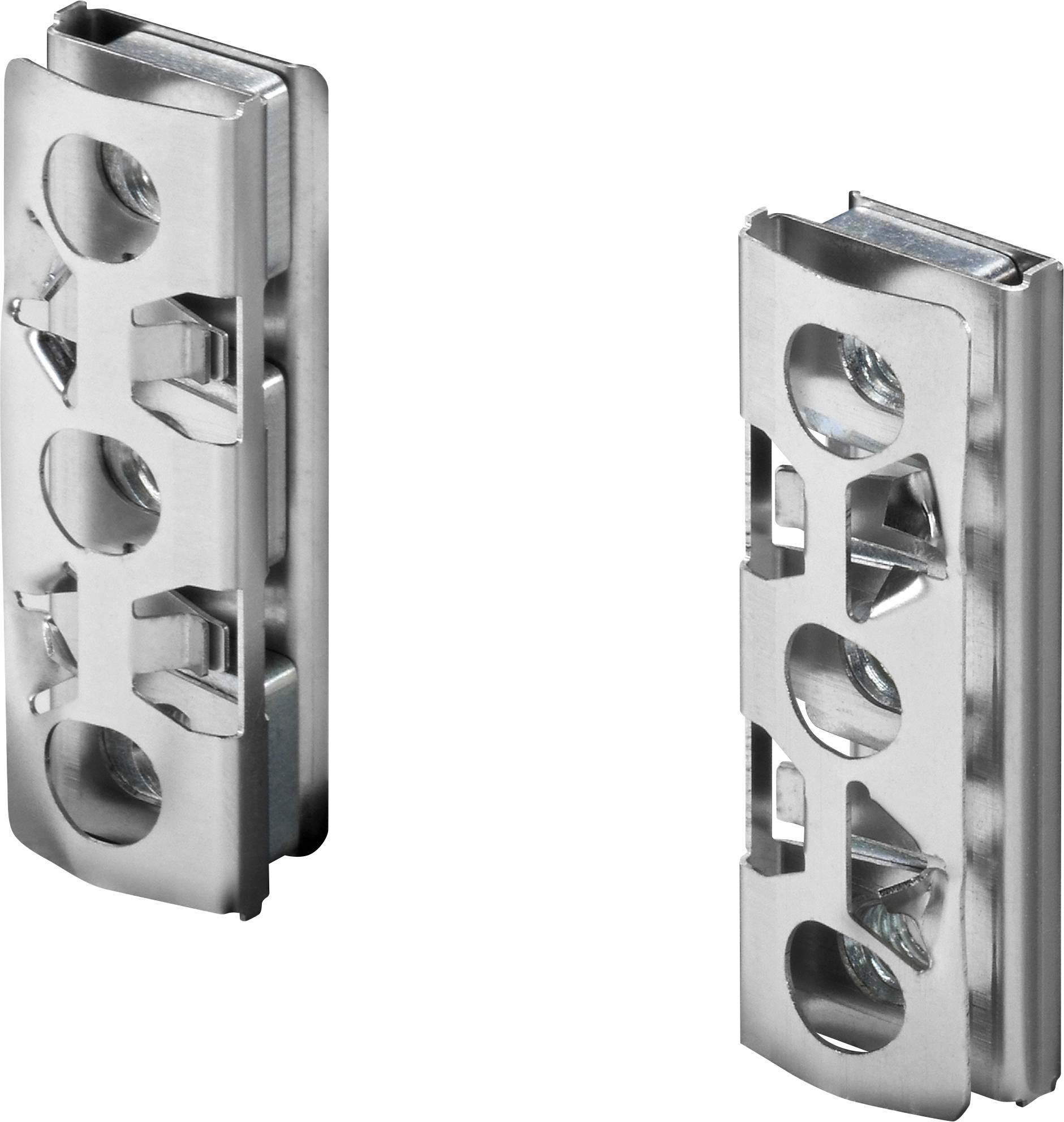 Två silverfärgade metallhållare med runda urtag som kan användas för att fästa eller stödja föremål.