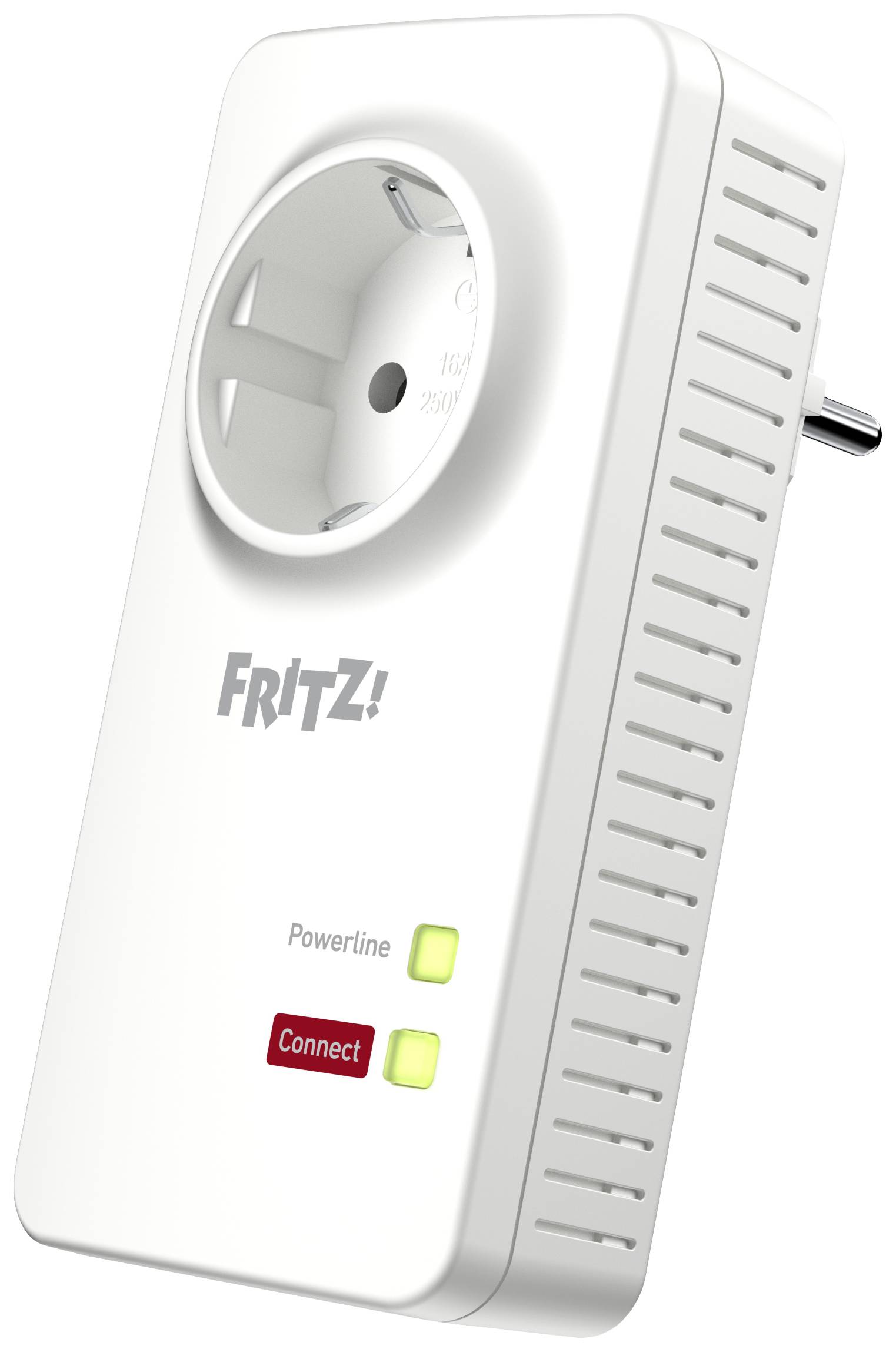 En vit Powerline-adapter från FRITZ! med eluttag och två LED-indikatorer för 'PowerLine' och 'Connect' som lyser.