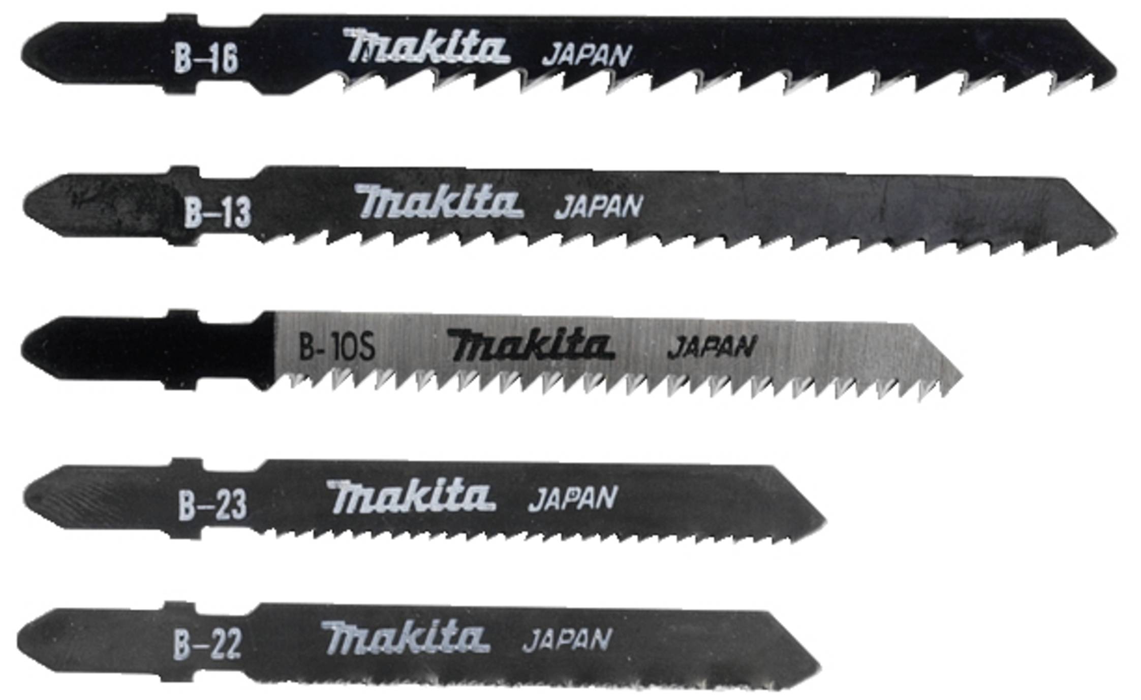 Fem sågblad med påskriften 'Makita Japan', numrerade B-16, B-13, B-10S, B-23, B-22, placerade på rad.