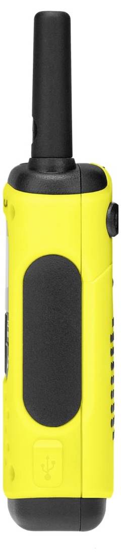 Gul bärbar walkie-talkie visad från sidan, med en svart antenn, gripanel, sidoknapp och USB-laddningsport.