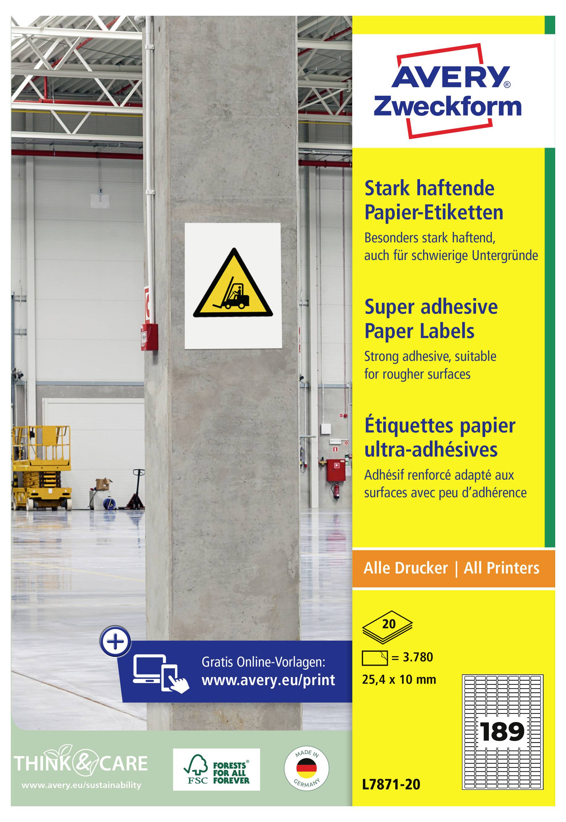 Avery Zweckform självhäftande papperetiketter affisch bredvid en lagerpelare, med varningen "Starkt haftande papperetiketter" och produktnummer 189, L7871-20.