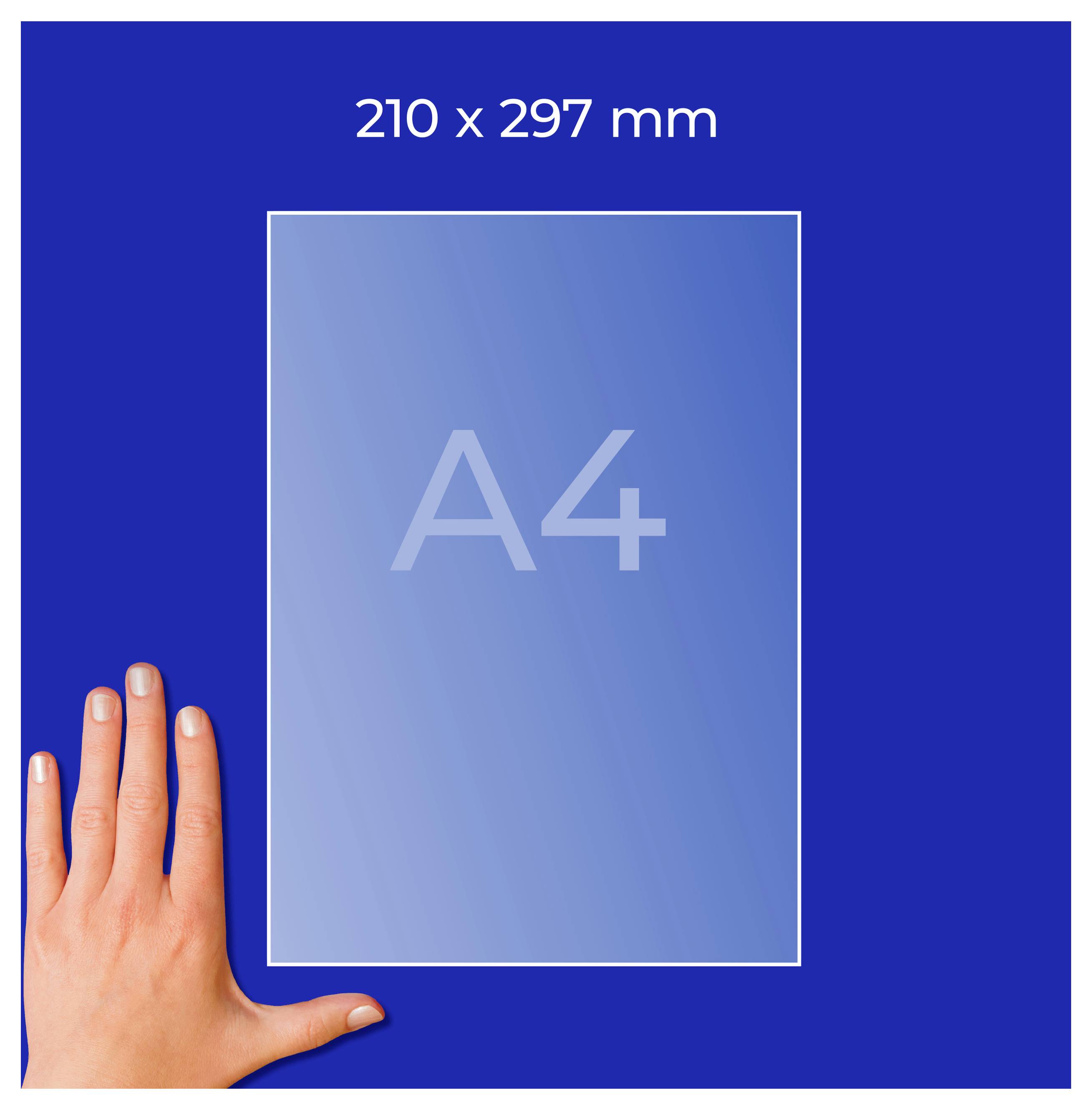 A4-format i måtten 210 x 297 mm, med hand för att visa storleken på blå bakgrund.