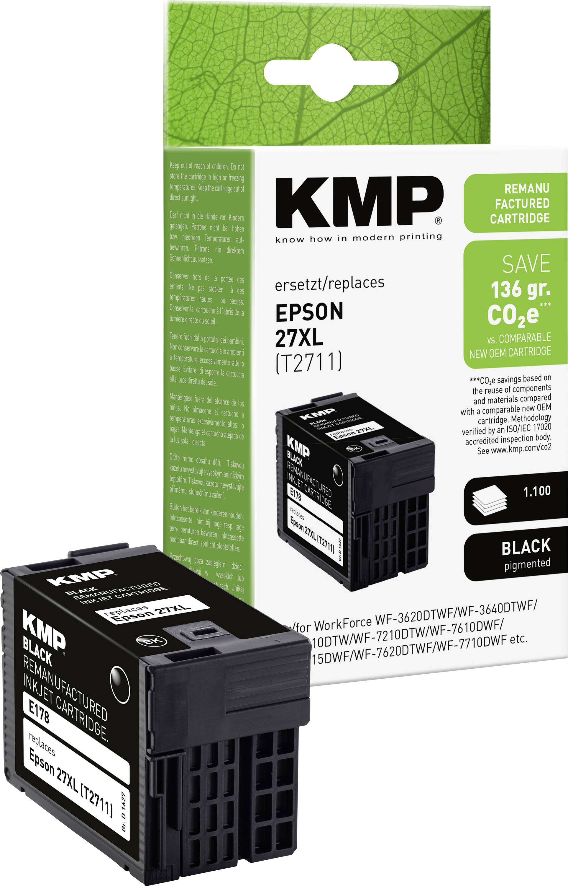 KMP svart ersättningsbläckpatron för Epson 27XL, visad tillsammans med produktförpackningen.