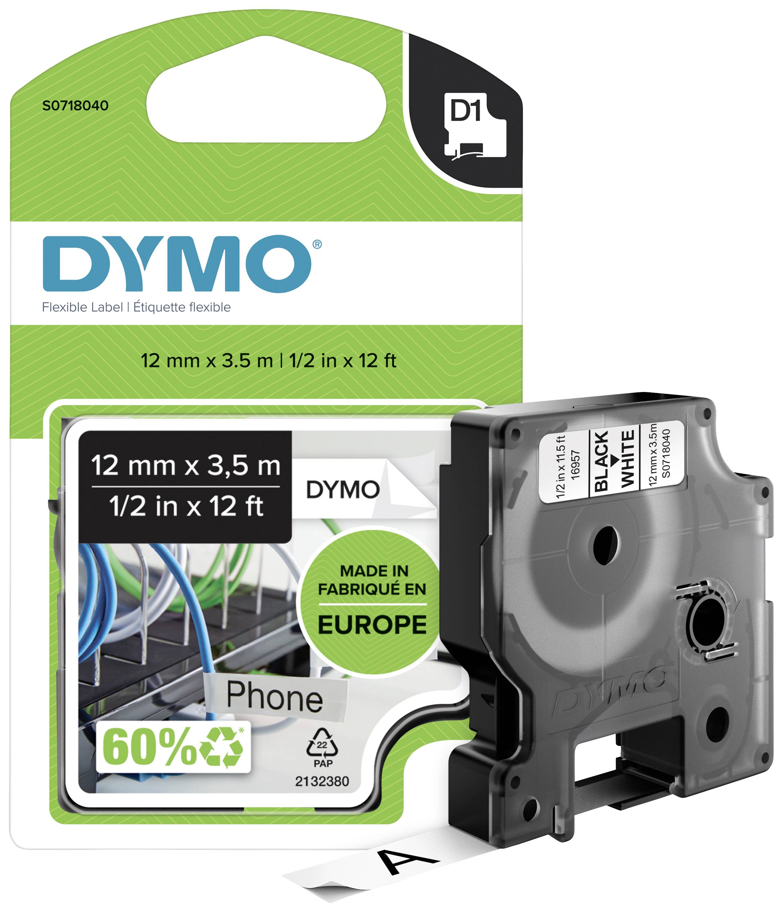 DYMO-skrivaretikettkassett, 12 mm x 3,5 m, svart på vitt, för telefoner. Förpackningen visar kassetten och 'MADE IN EUROPE'.