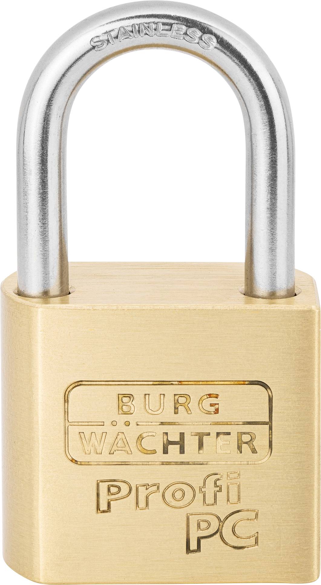Ett hänglås med påskriften 'BURG WÄCHTER Profi PC', tillverkat av mässing med ett silverfärgat bygel.