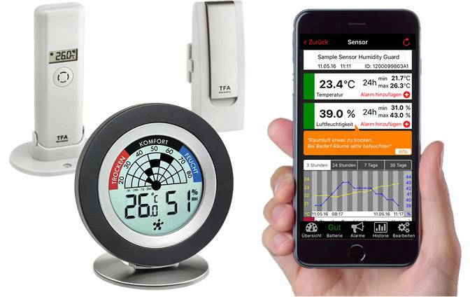 En digital termometer/hygrometer visar temperatur och luftfuktighet. En app på smarttelefonen visar detaljerade data och grafer.