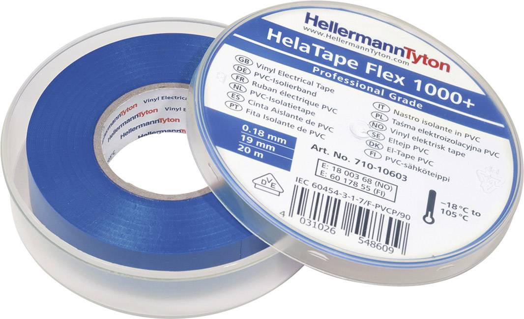 Två rullar HelaTape Flex 1000+ från HellermannTyton, blå isoleringsband, 19 mm breda, lämpliga för elektrisk isolering.