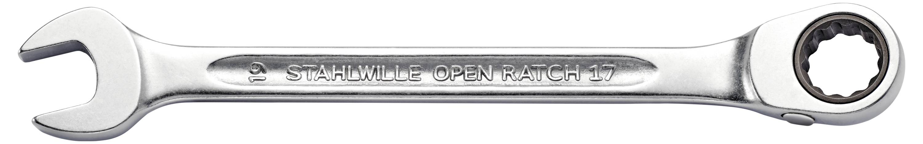 Skiftnyckel med öppet och spärrhandtag, märkt med 'STAHLWILLE OPEN RATCH 17'. Lämplig för att lossa skruvar och muttrar.